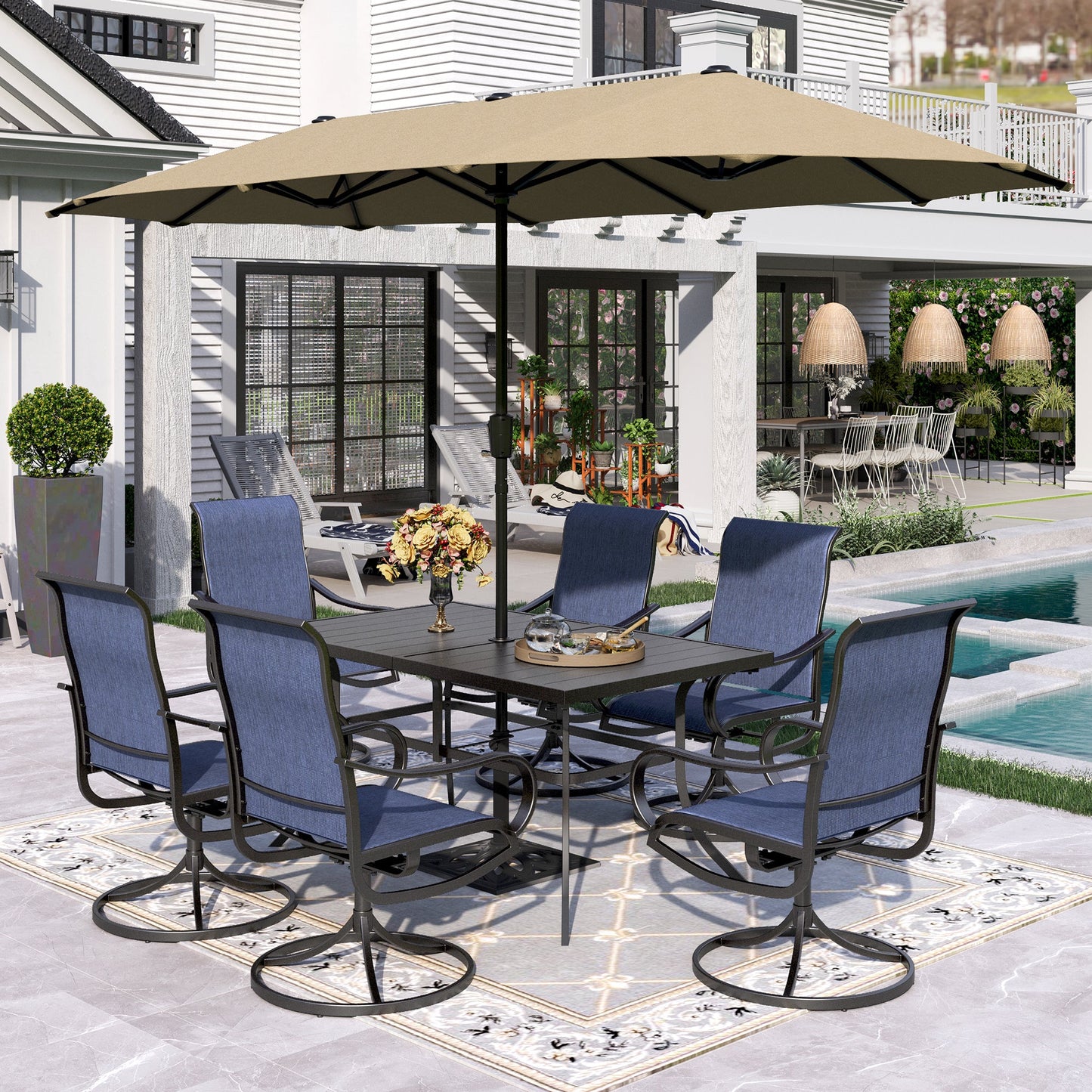 Sophia & William 8-Piece Outdoor Patio Dining Set with 13ft Beige Umbrella, Rectangle Table & Blue Textilene Chairs Furniture Set