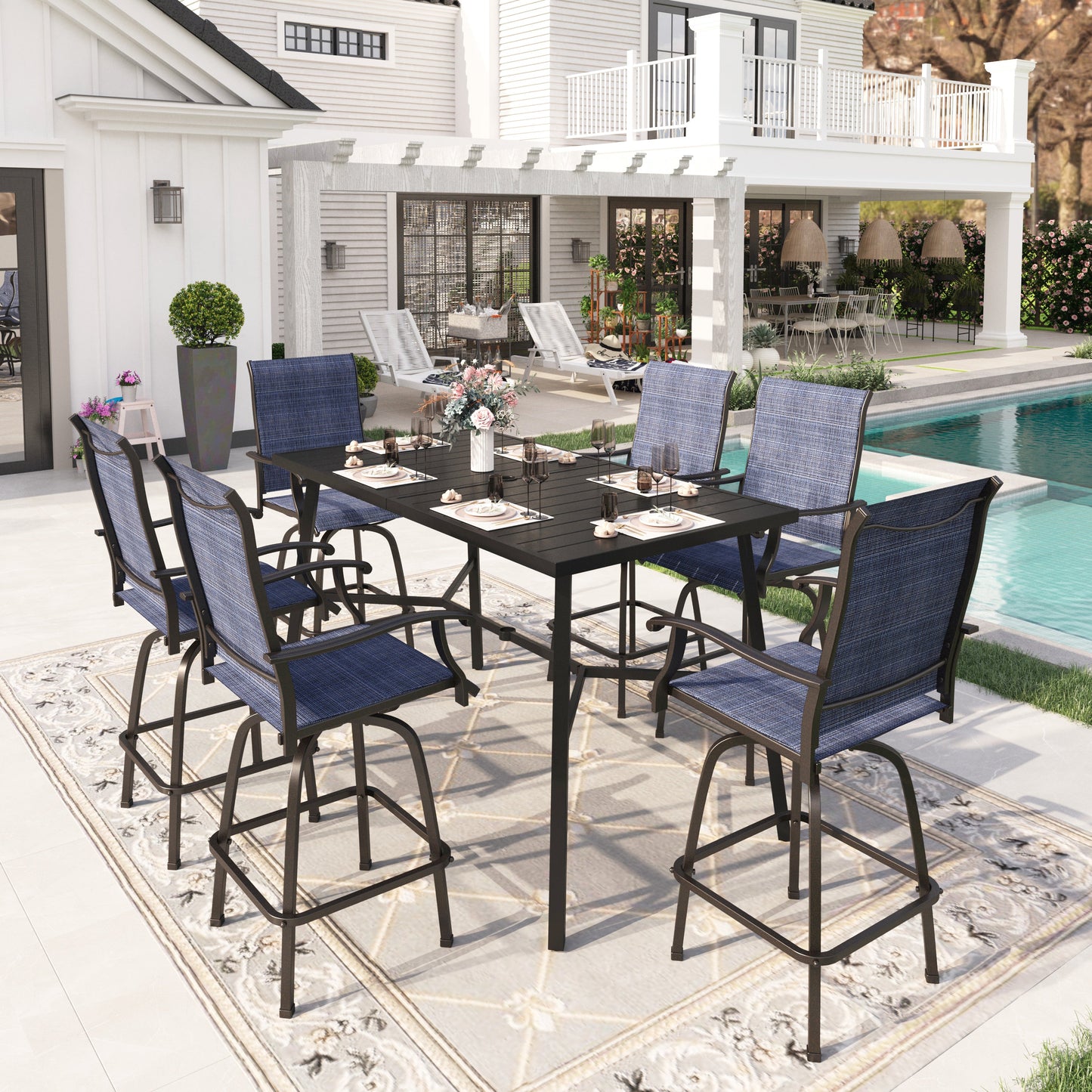 Sophia & William 7Pcs Patio Bar Set Outdoor Textilene Chairs & Height Table Furniture Bistro Set, Blue