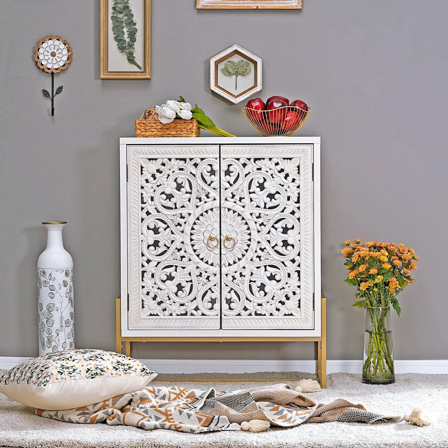 Alpha Joy 2-Door Hollow Carving Accent Cabinet with Metal Feet-White