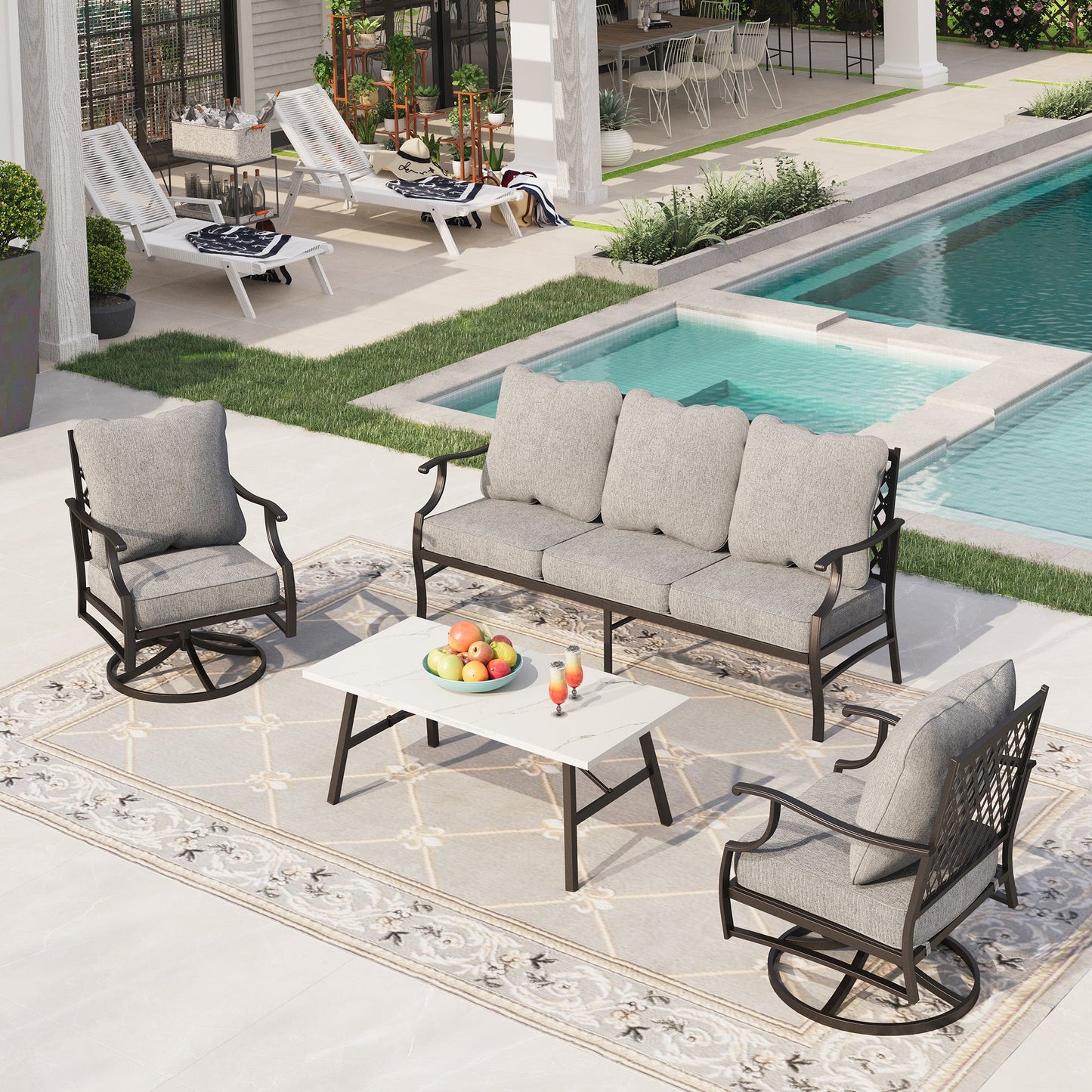 Sophia&William 5 Seat Patio Conversation Set Outdoor Sofa Furniture Set with Marble Table, Gray