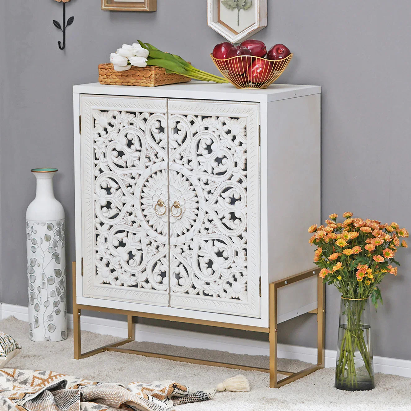 Alpha Joy 2-Door Hollow Carving Accent Cabinet with Metal Feet-White