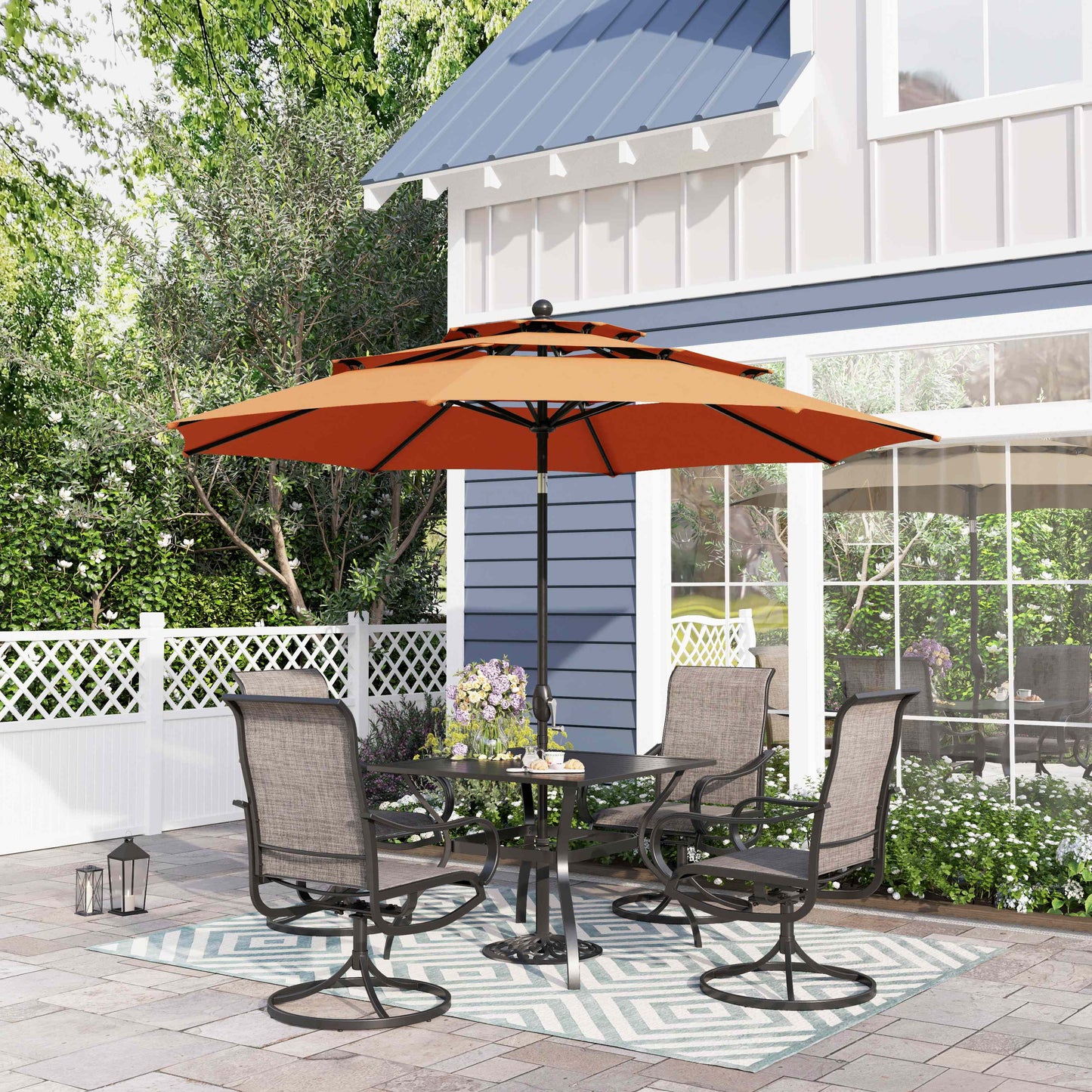 Sophia & William 6-Piece Outdoor Patio Dining Set with 10 FT Orange Red Umbrella, Textilene Chairs & Square Table for 4-person