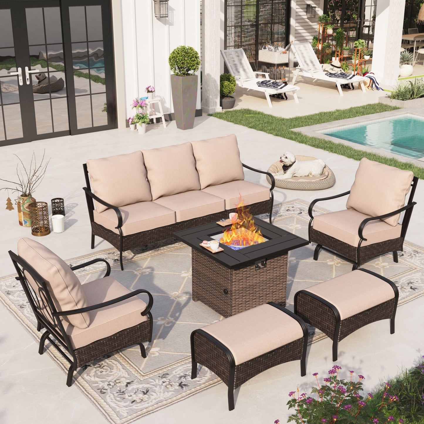 Alpha Joy 6 Piece Metal Patio Conversation Sofa Set 7-Seat Outdoor Sectionals with Fire Pit Table