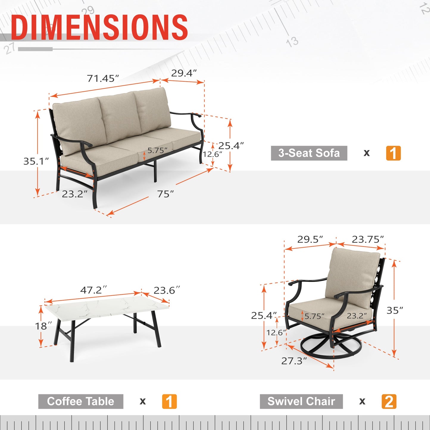 Sophia&William 5 Seat Patio Conversation Set Outdoor Swivel Chairs and Marble Table Furniture Set, Beige