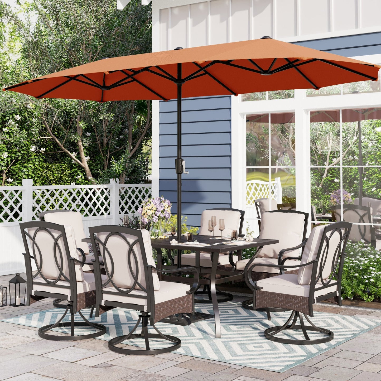 Sophia & William 8-Piece Outdoor Patio Dining Set with 13 ft Orange Red Umbrella, Swivel Chairs & Rectangle Table for 6