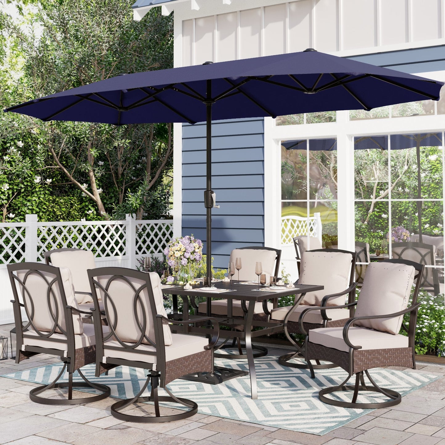 Sophia & William 8-Piece Outdoor Patio Dining Set with 13 ft Navy Umbrella, Swivel Chairs & Rectangle Table for 6