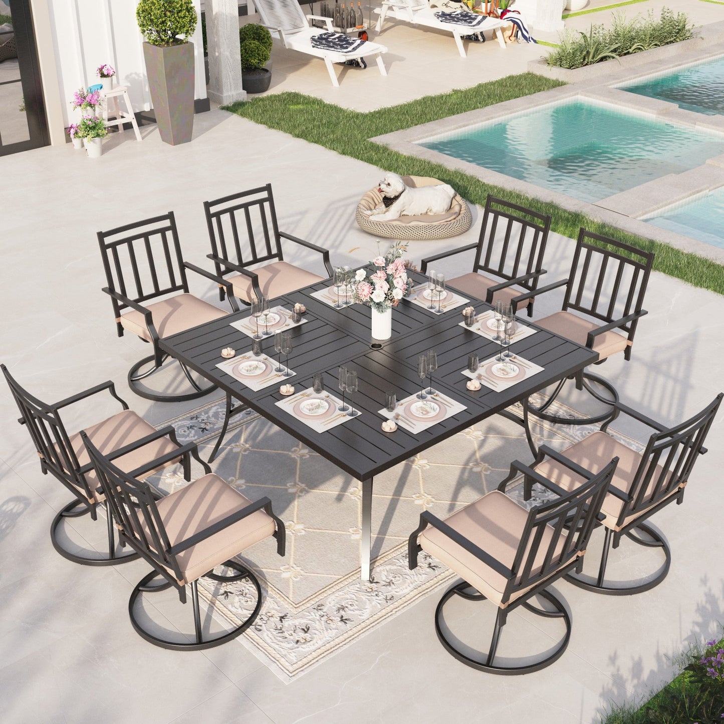 Sophia & William 9 Piece Outdoor Metal Patio Dining Set 60 Square Table and Swivel Chairs Furniture Set for 8