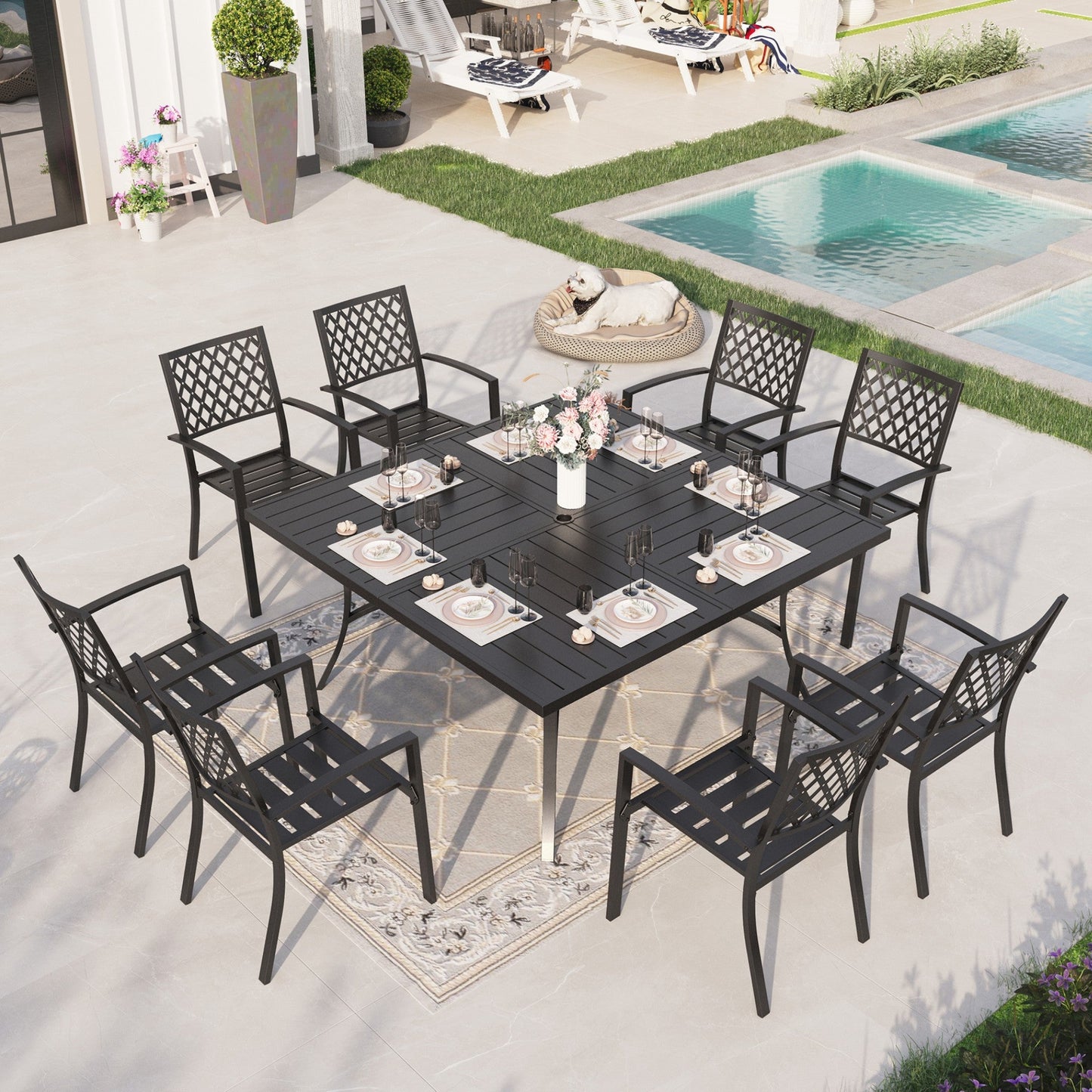 Sophia & William 9 Piece Outdoor Metal Patio Dining Set 60 Square Table and Chairs Furniture Set for 8, Black
