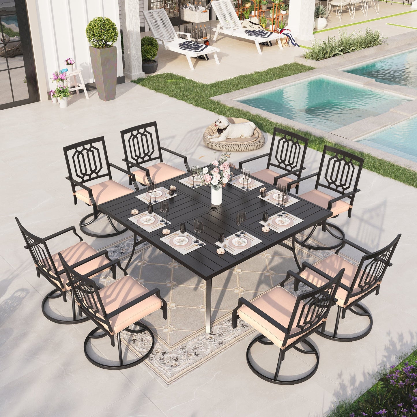 Sophia & William 9 Piece Outdoor Metal Patio Dining Set 60 Square Table and Cushioned Swivel Chairs Furniture Set