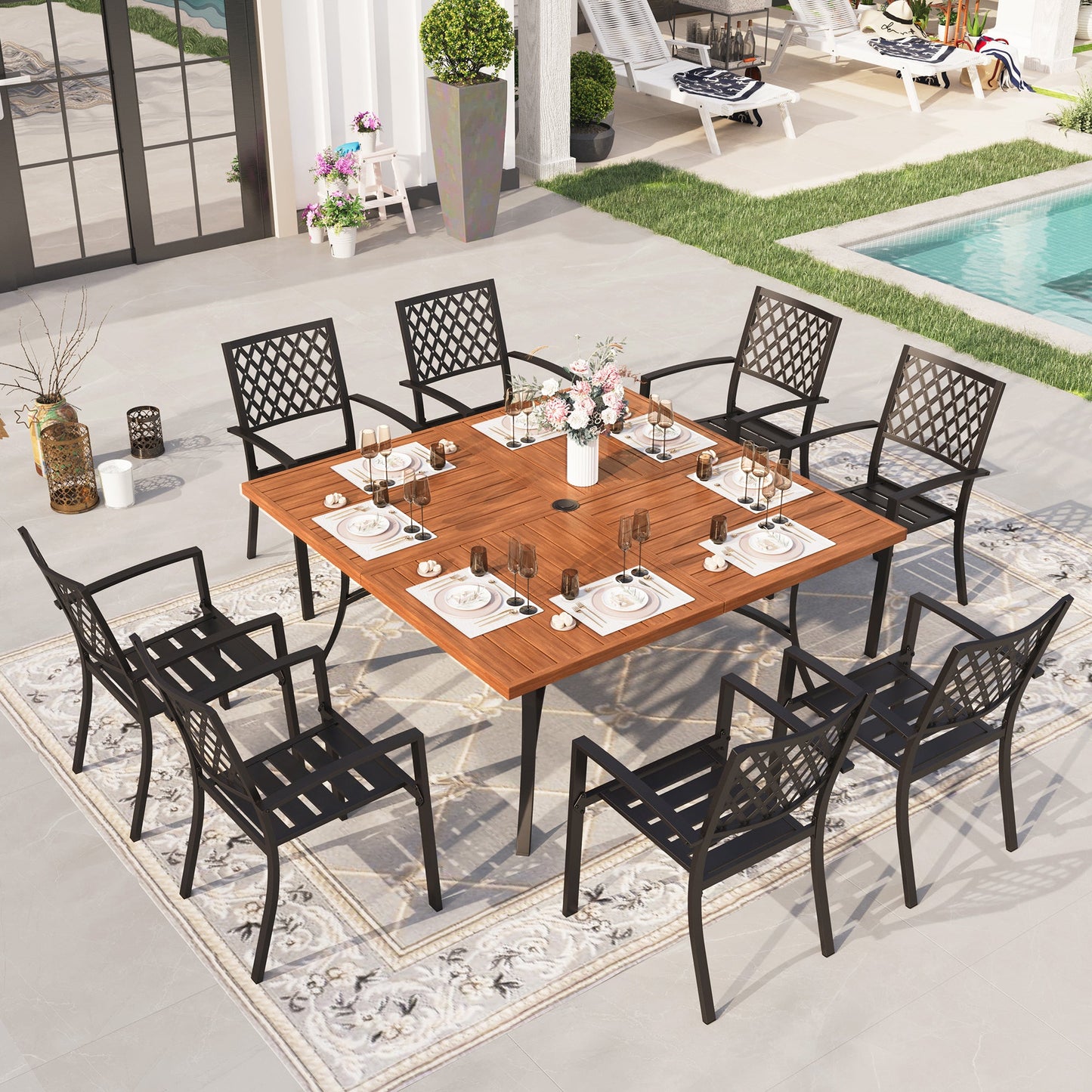 Sophia & William 9 Piece Outdoor Metal Patio Dining Set 60 Teak Wood Square Table and Chairs Furniture Set for 8, Brown