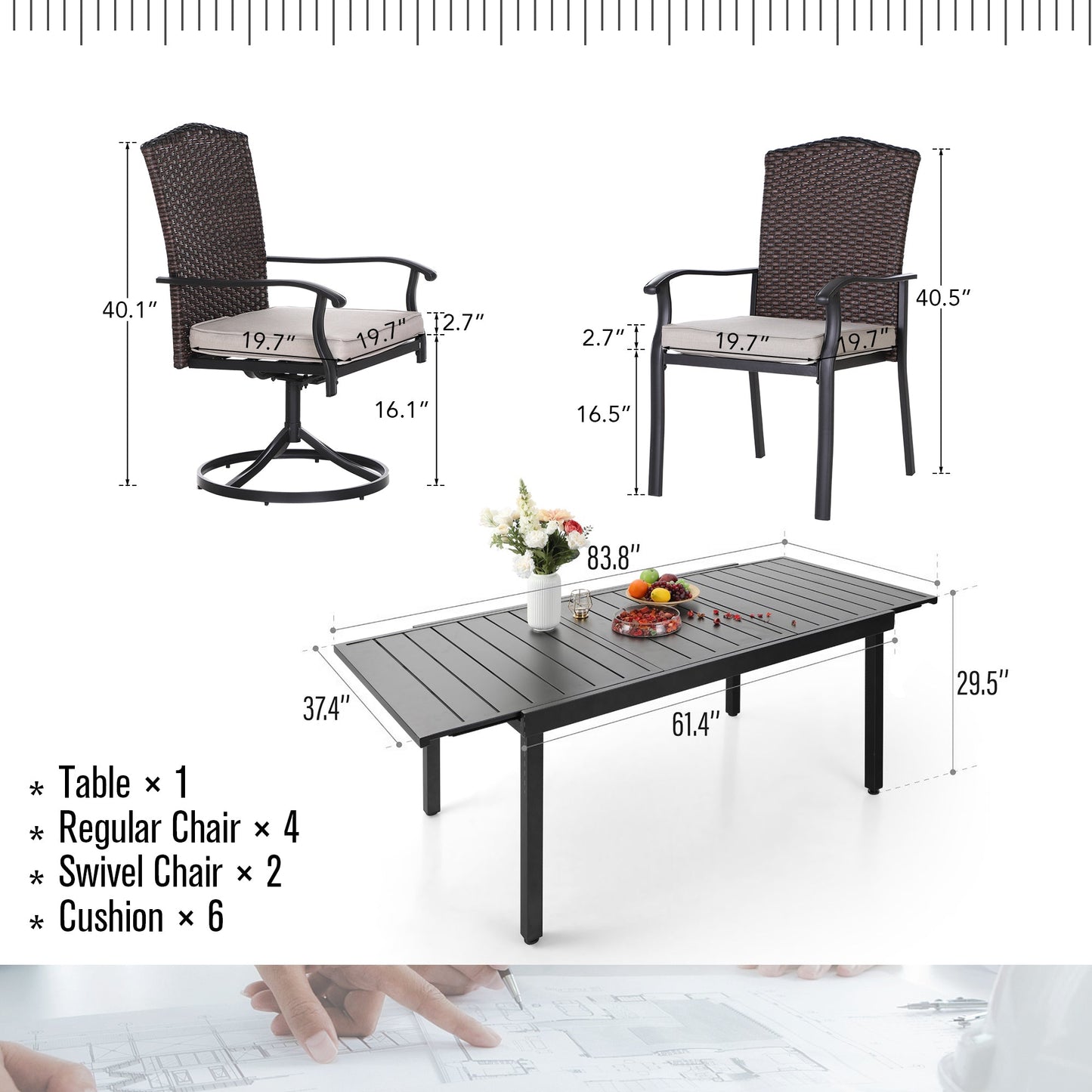 Sophia & William 7 Pieces Patio Dining Set Metal Chairs & Extendable Table