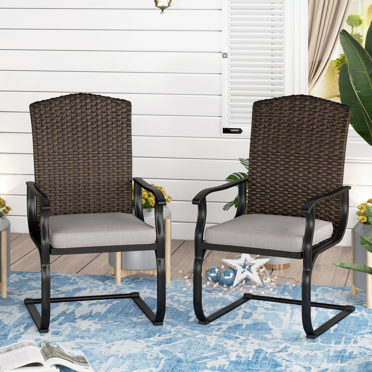 Sophia & William Outdoor Patio Dining Wicker C-spring Chairs with Cushions Set of 2