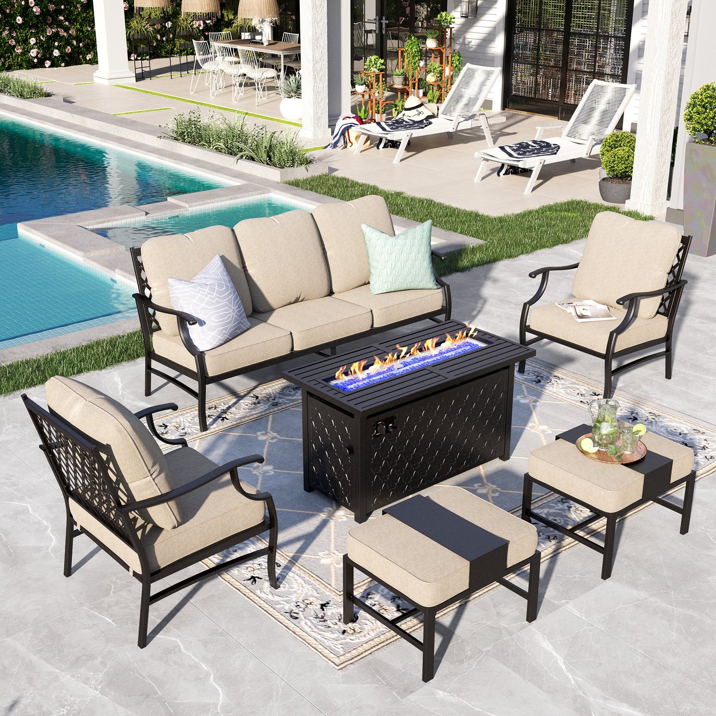 Sophia&William 6 Piece Patio Conversation Set Outdoor Furniture Sofa Set with 50,000BTU Fire Pit Table, Ottomans,Beige