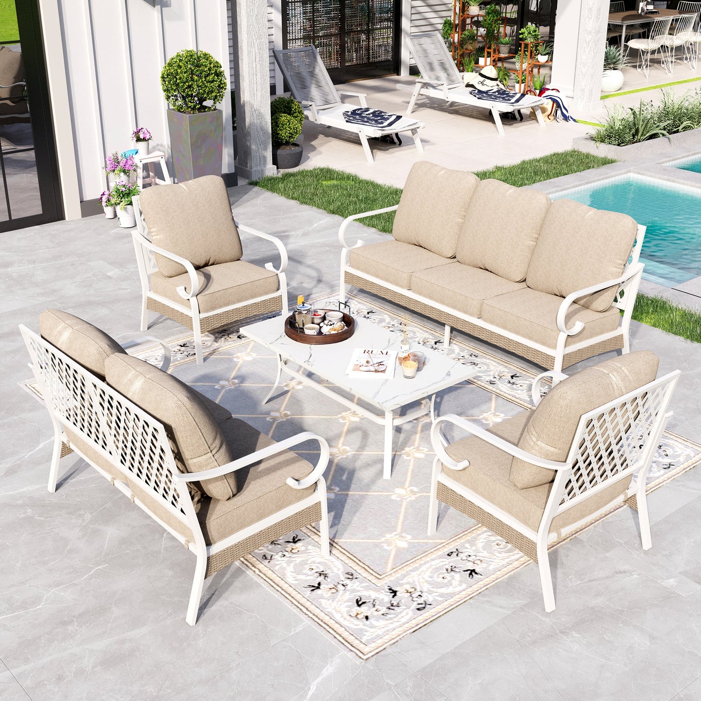 Sophia&William 6 Piece Patio Conversation Set Outdoor Furniture Loveseat Sofa Set with Fixed Chair, Beige