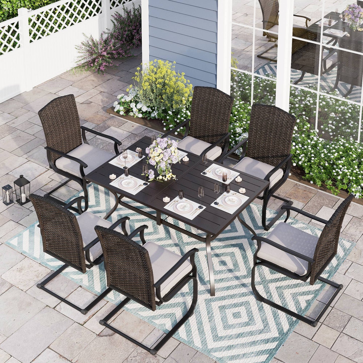 Sophia & William 7 Pieces Patio Dining Set Wicker Chairs & Umbrella Table