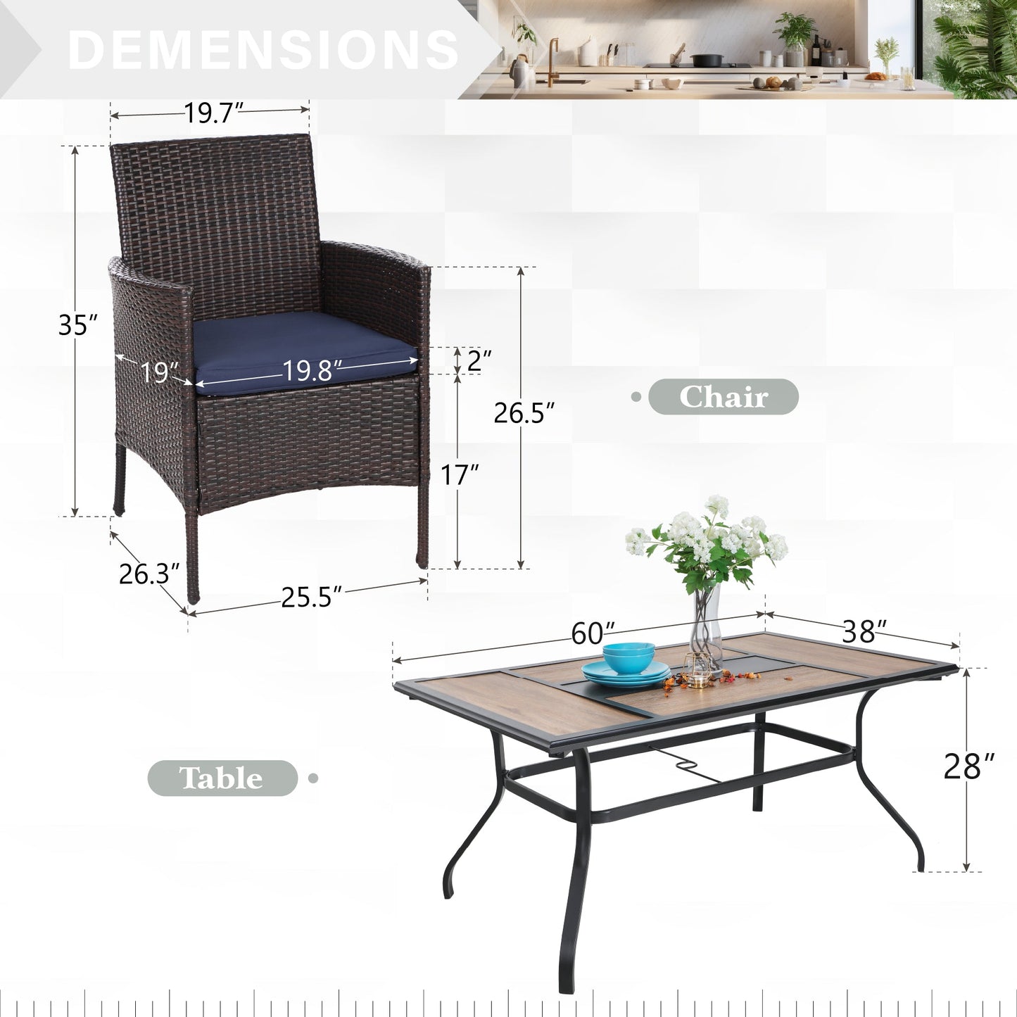 Sophia & William 7 Pieces Outdoor Patio Dining Set, Wicker Dining Chairs and Outdoor Dining Table with PVC Table Top