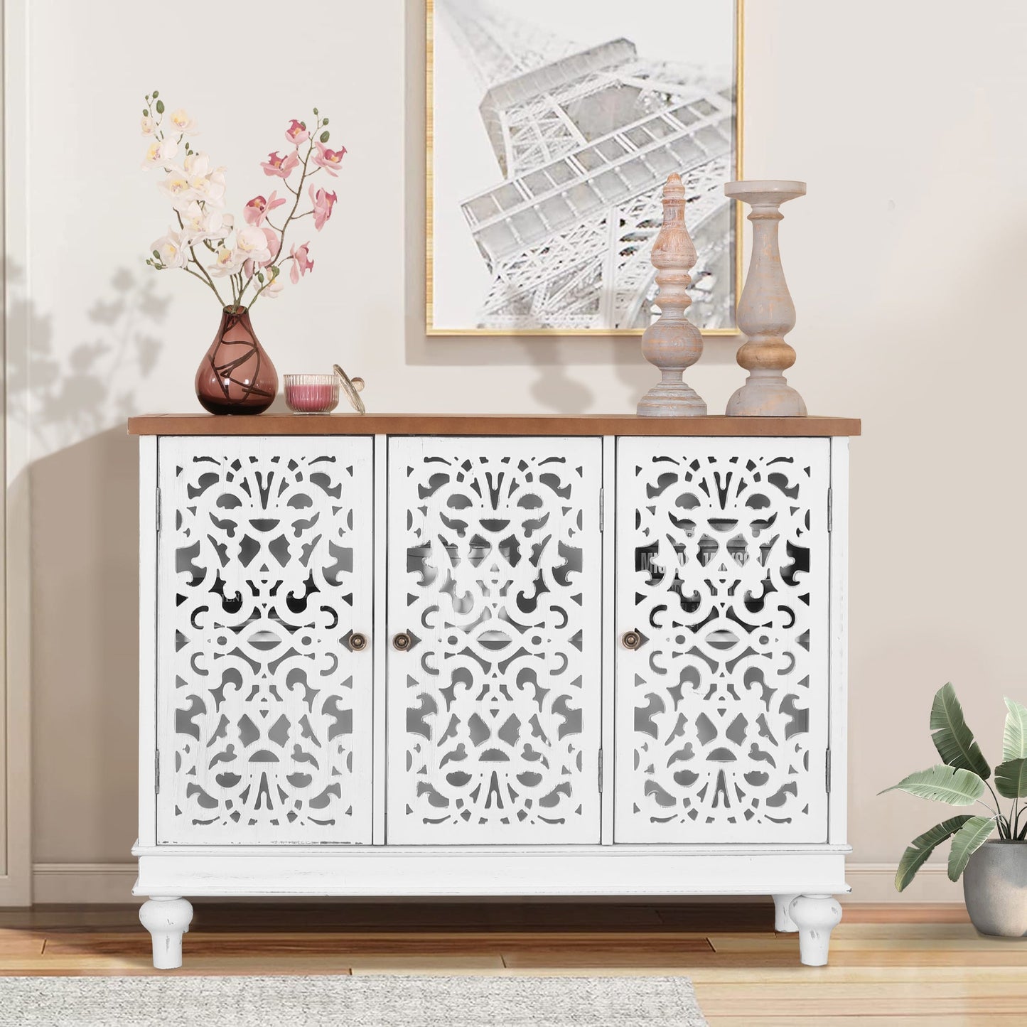 Sophia & William 3-Door Hollow-Carved Sideboard Accent Cabinet for Kitchen, Dining Room, Living Room, Entryway-White