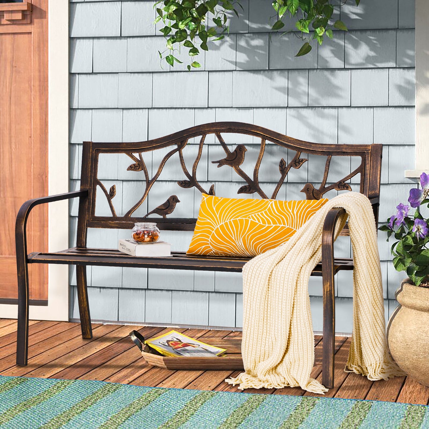 Alpha Joy 50 Patio Garden Bench Slatted Seat for Lawn, Park, Deck- Bronze