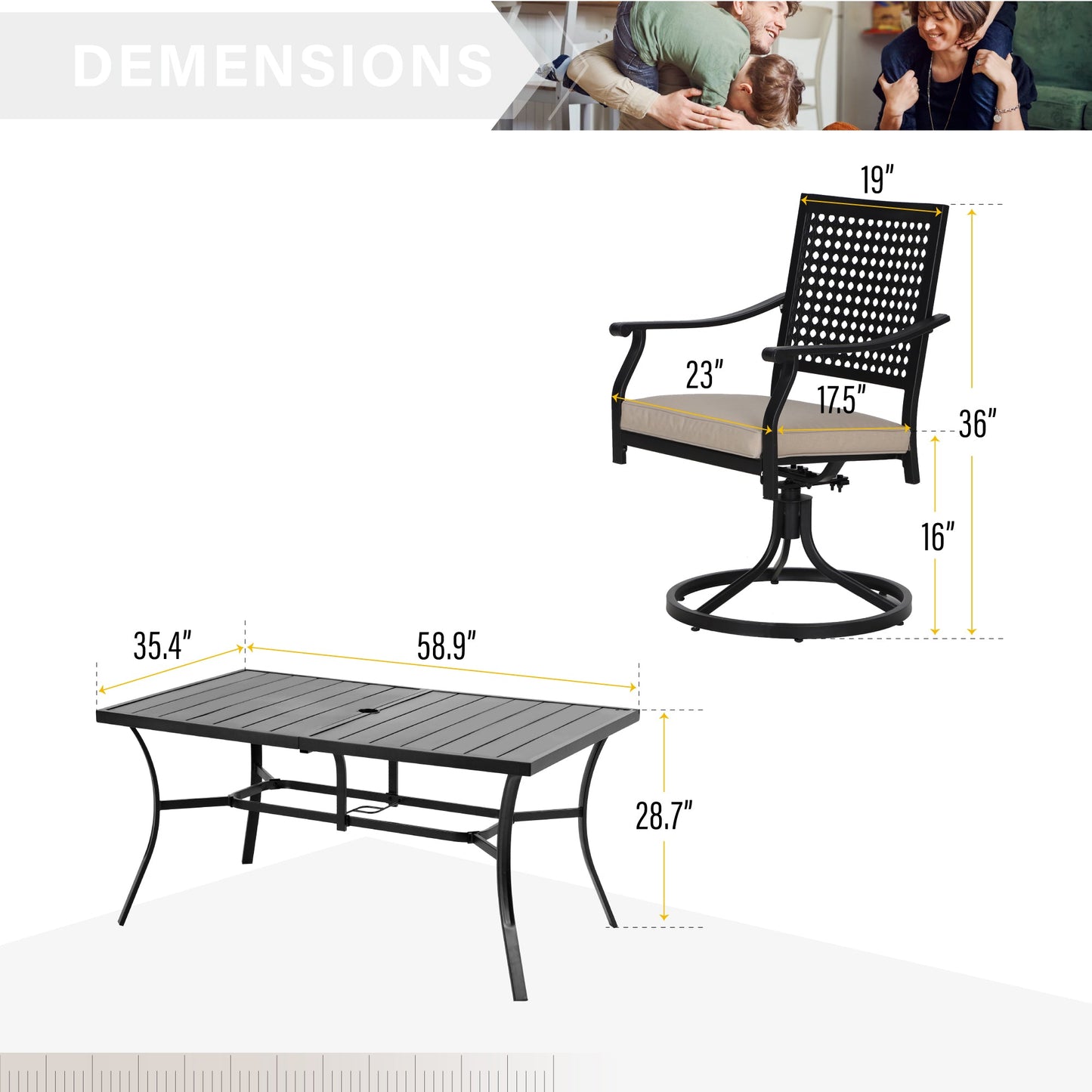 Sophia & William 7 Piece Outdoor Patio Dining Set 6 Cushioned Swivel Chairs and 60 * 38 Teak Wood Table