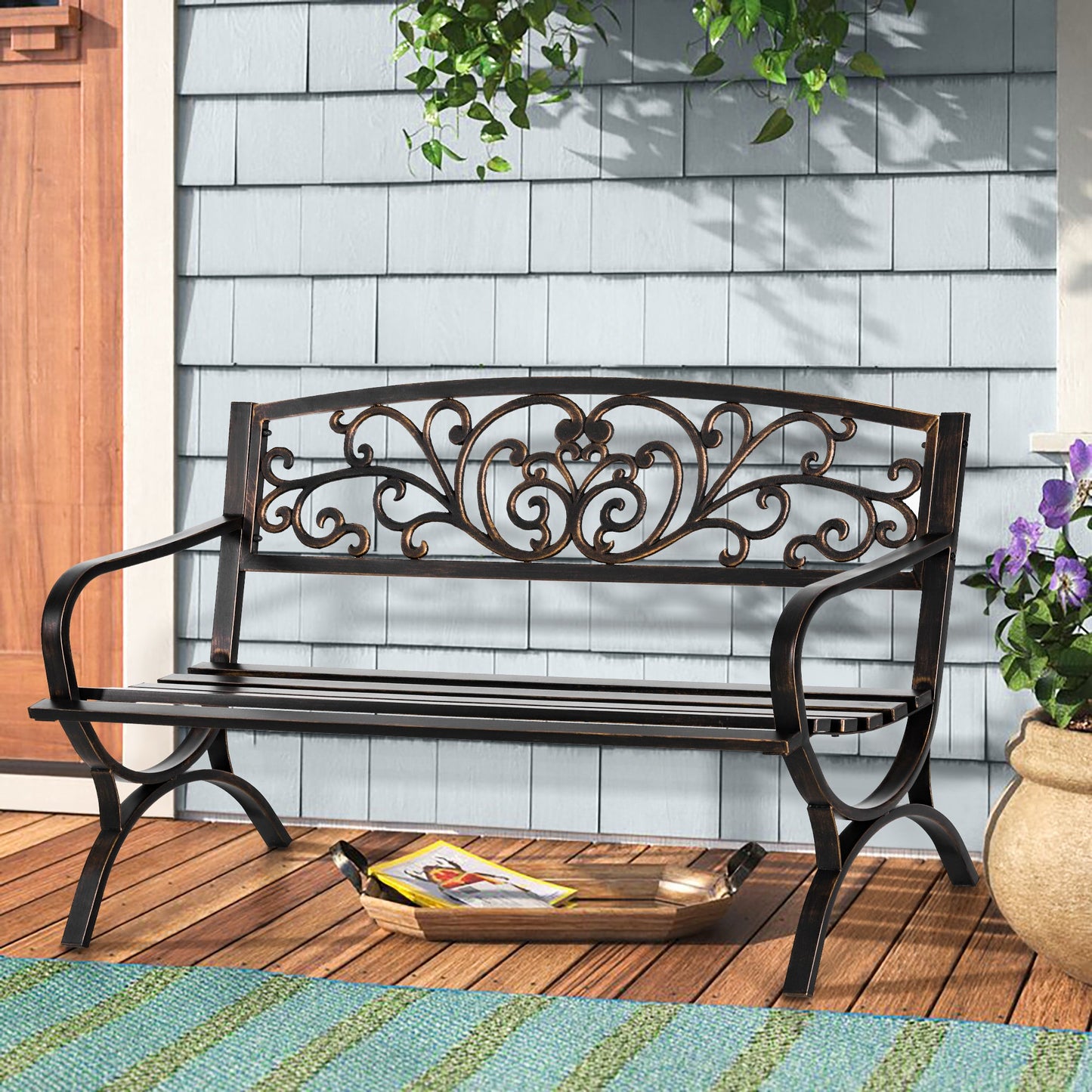 Alpha Joy 50 Patio Garden Bench Slatted Seat for Lawn, Park, Deck- Bronze