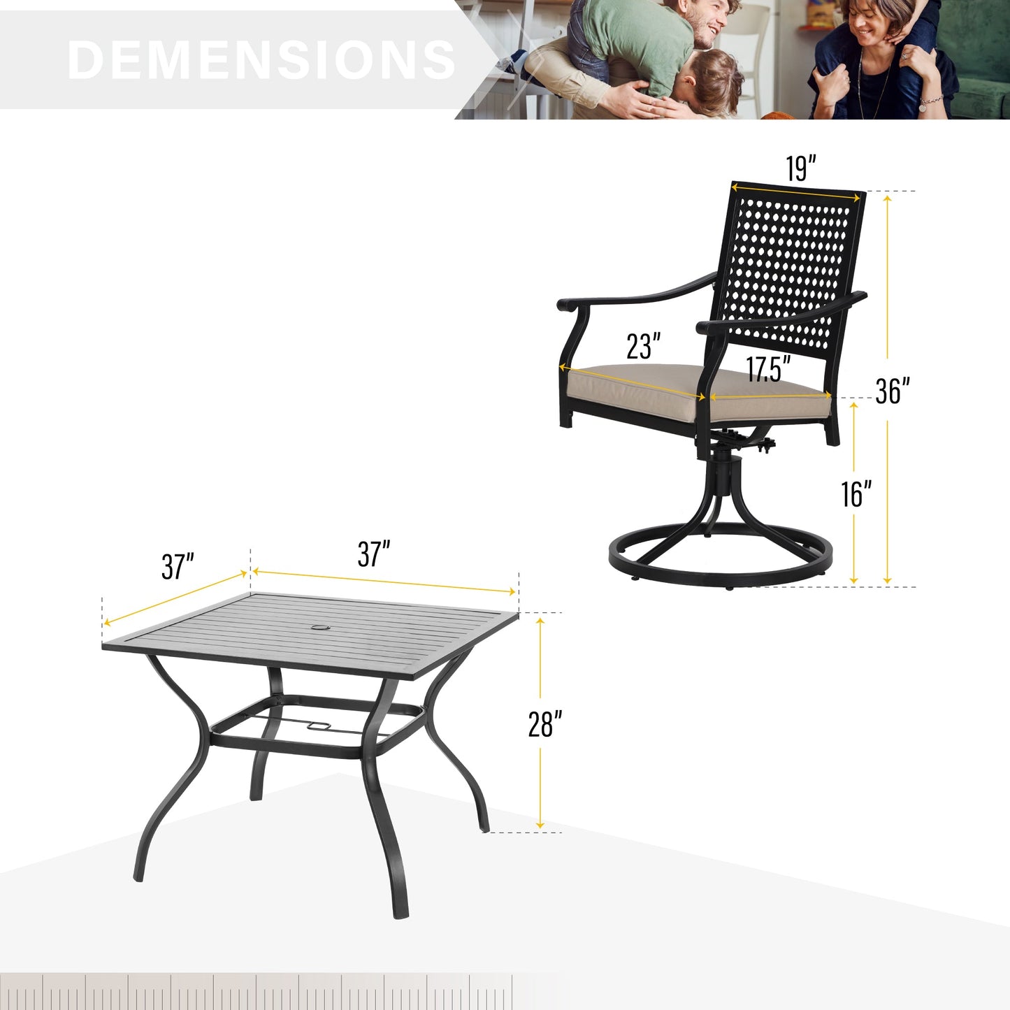 Sophia & William 5 Pcs Patio Dining Set 4 Outdoor Cushioned Swivel Chairs & 37 Square Metal Dining Table