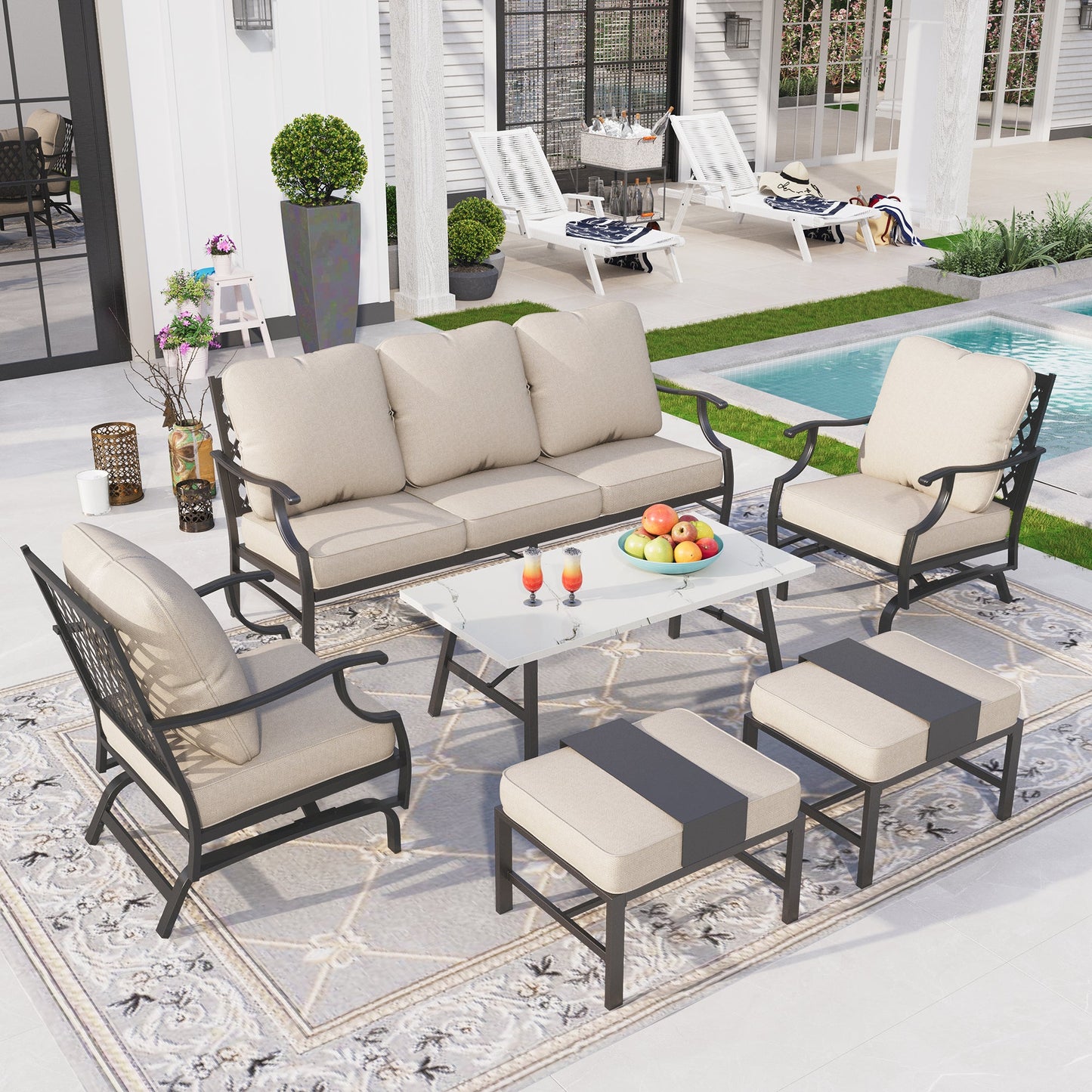 Sophia&William 6 Piece Patio Conversation Set Outdoor Table and Rocking Chairs Furniture Set with Ottomans
