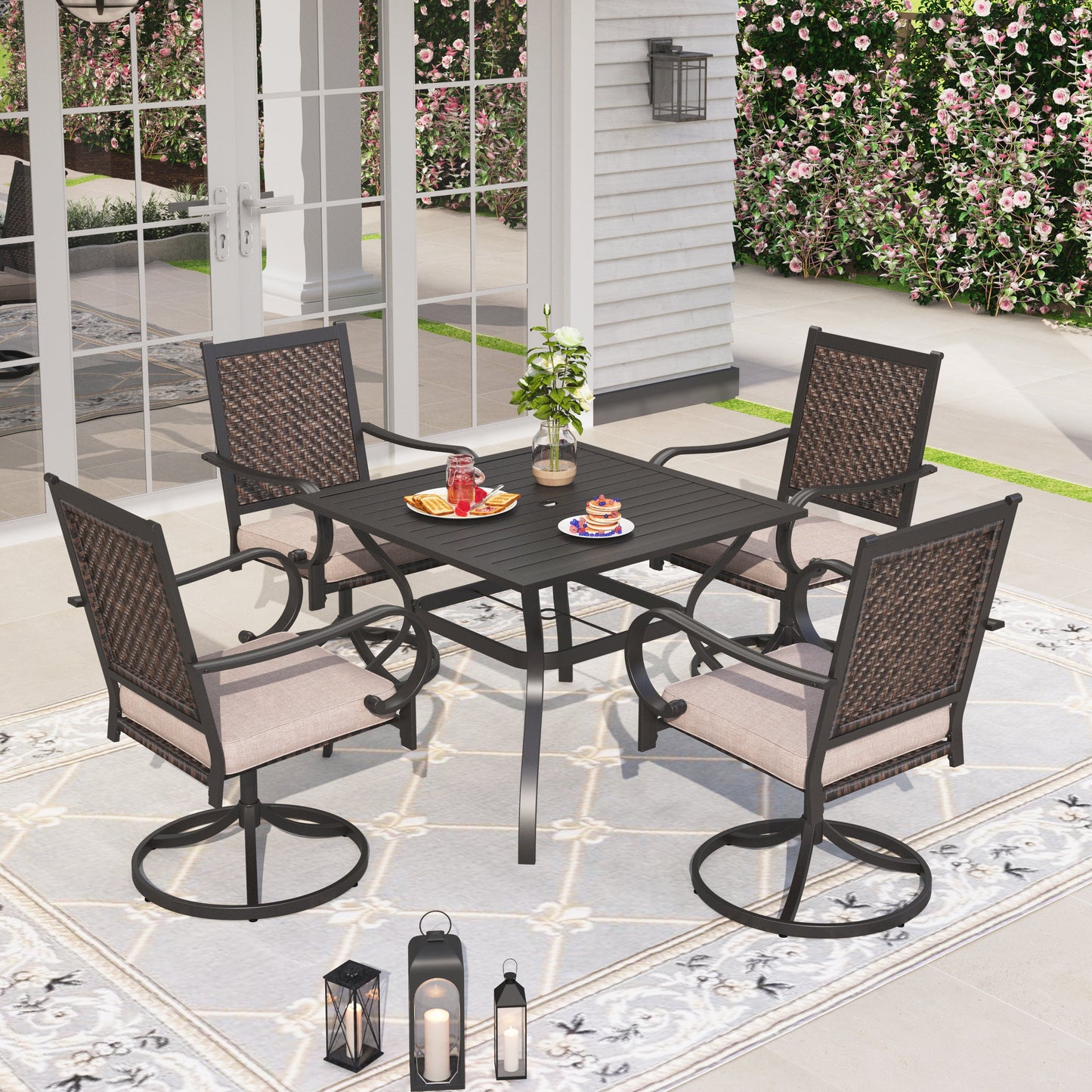 Sophia & William 5 Pieces Outdoor Patio Dining Set Wicker Swivel Chairs and Steel Table