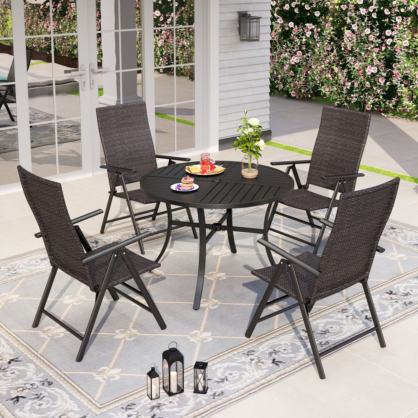 Sophia & William 5 Pieces Outdoor Patio Dining Set Foldable Adjustable PE Rattan Patio Dining Chairs and Metal Dining Table with Umbrella Hole