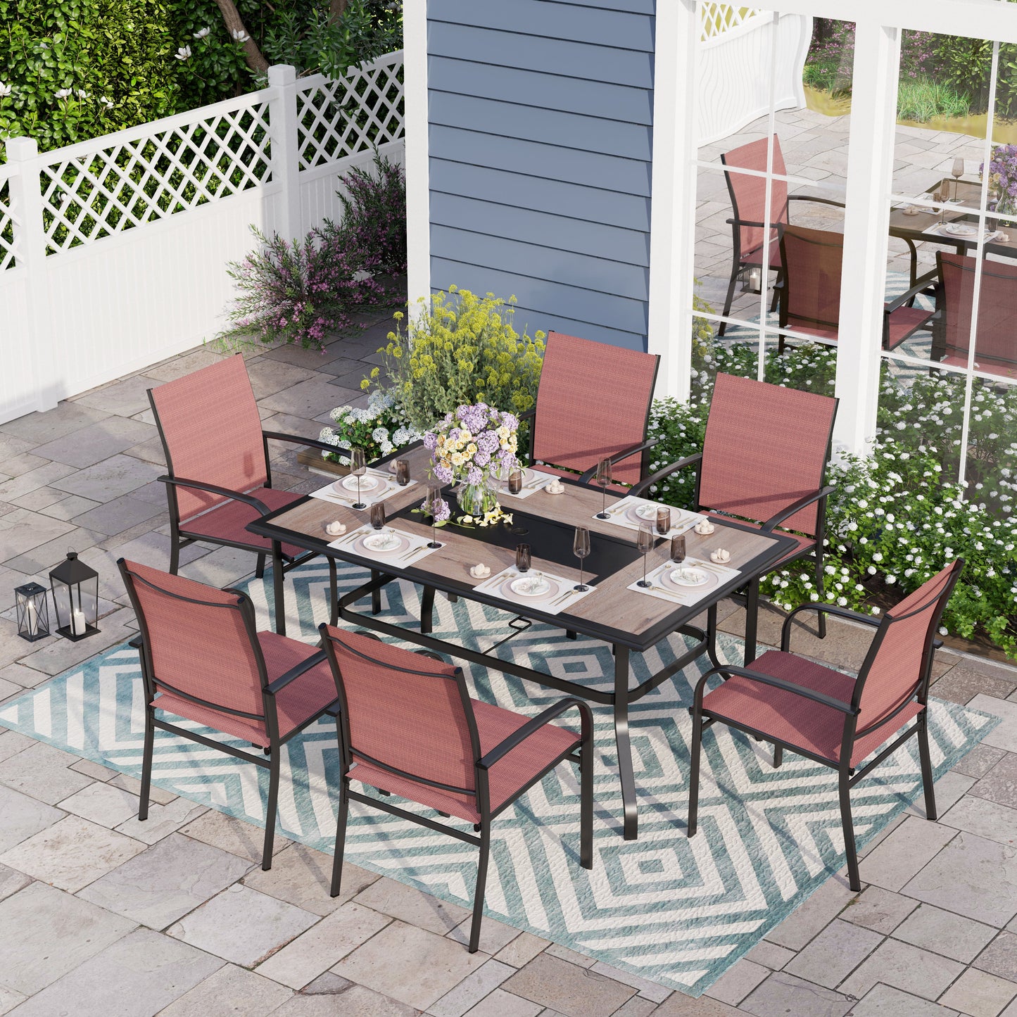 Sophia & William 7 Piece Patio Metal Dining Set Patio Dining Table and 6 Red Textilene Chairs
