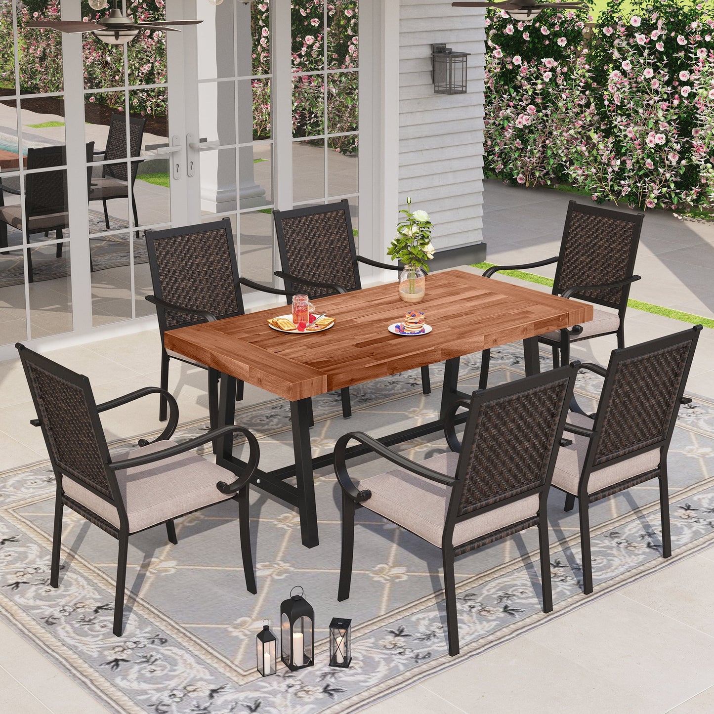 Sophia & William 7 Pieces Outdoor Patio Dining Set Wicker Rattan Chairs and Wood Table for 6-person