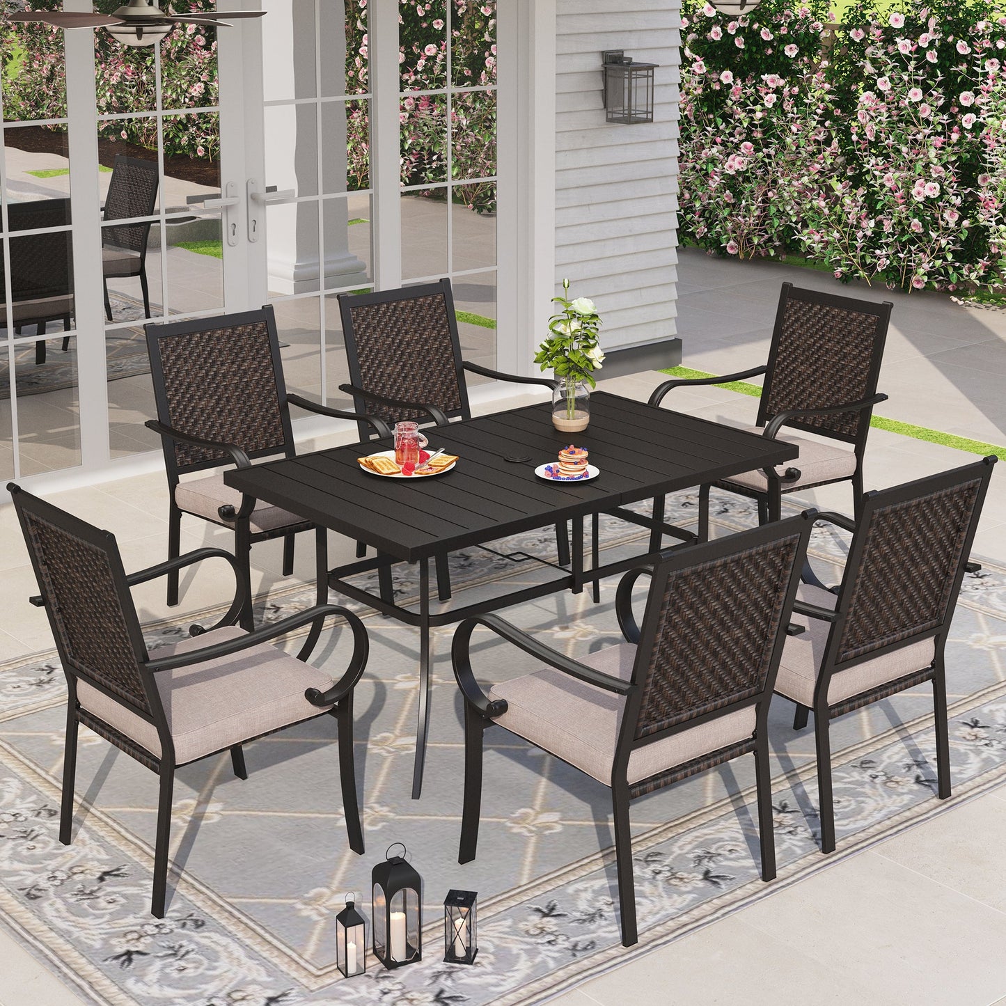 Sophia & William 7 Pieces Outdoor Patio Dining Set Wicker Rattan Chairs and Rectangular Steel Table for 6-person