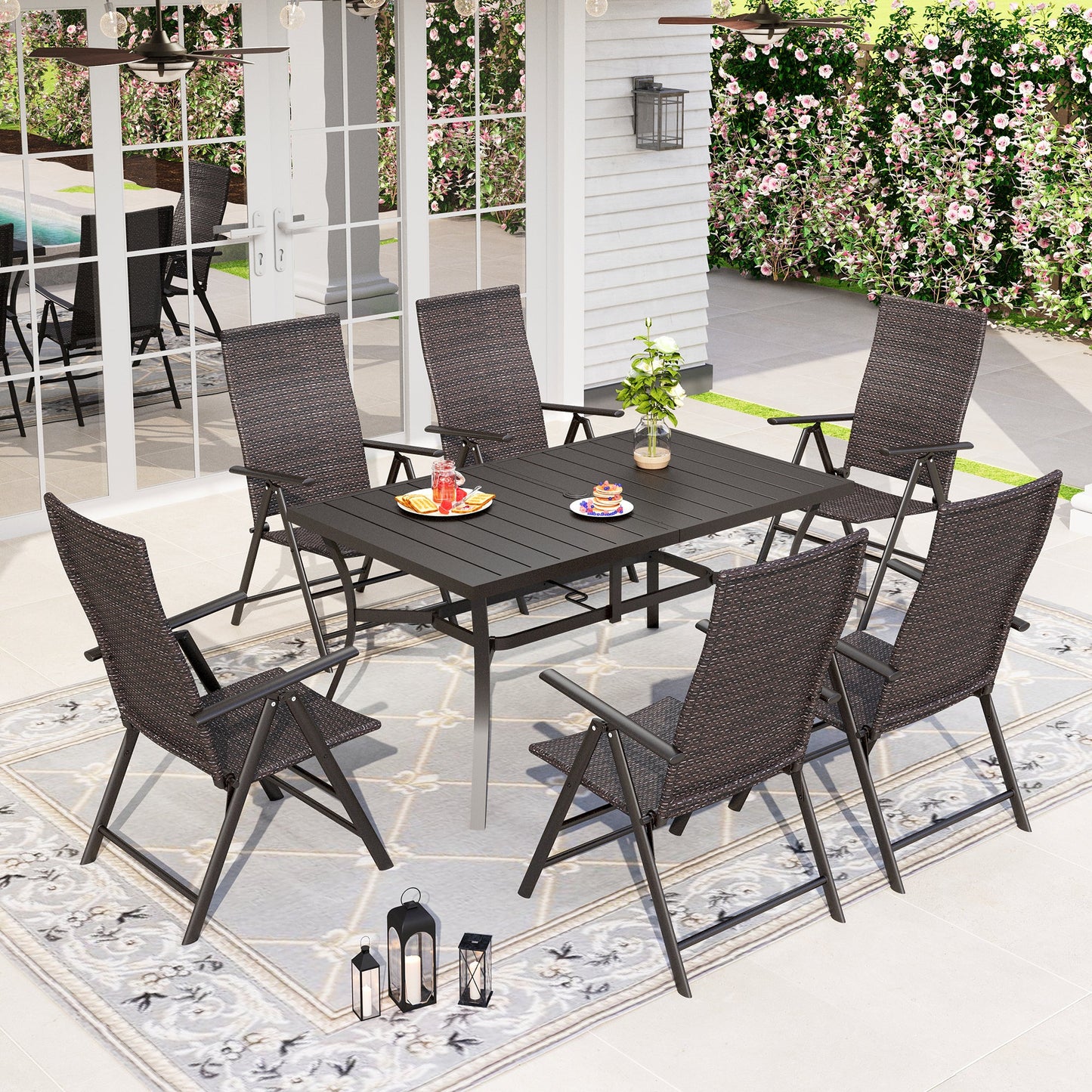 Sophia & William 7 Pieces Outdoor Patio Dining Set with Foldable Adjustable PE Rattan Chairs and Rectangular Metal Dining Table