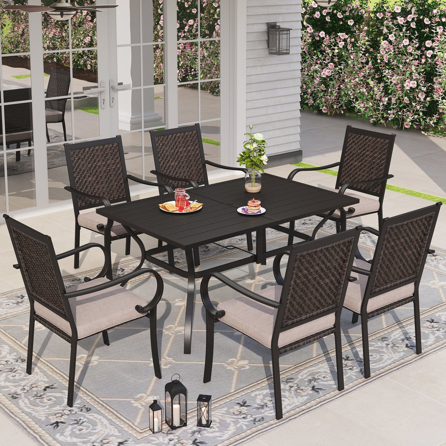 Sophia & William 7 Pieces Patio Dining Table and Chairs Set Outdoor Wicker Rattan Dining Chairs with Cushions and Rectangle Metal Table for 6-person