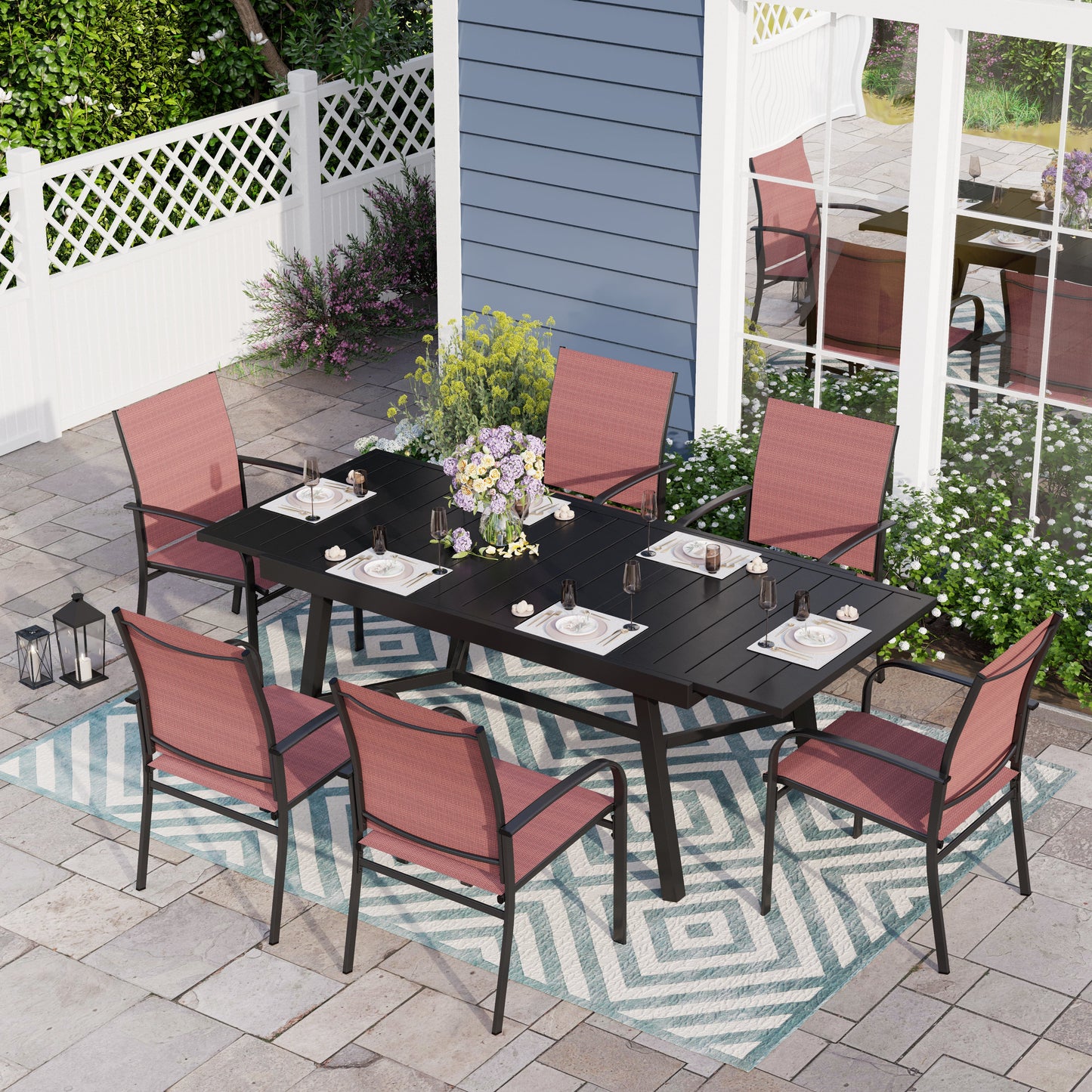 Sophia & William 7 Piece Patio Metal Dining Set Extendable Table and 6 Red Textilene Chairs