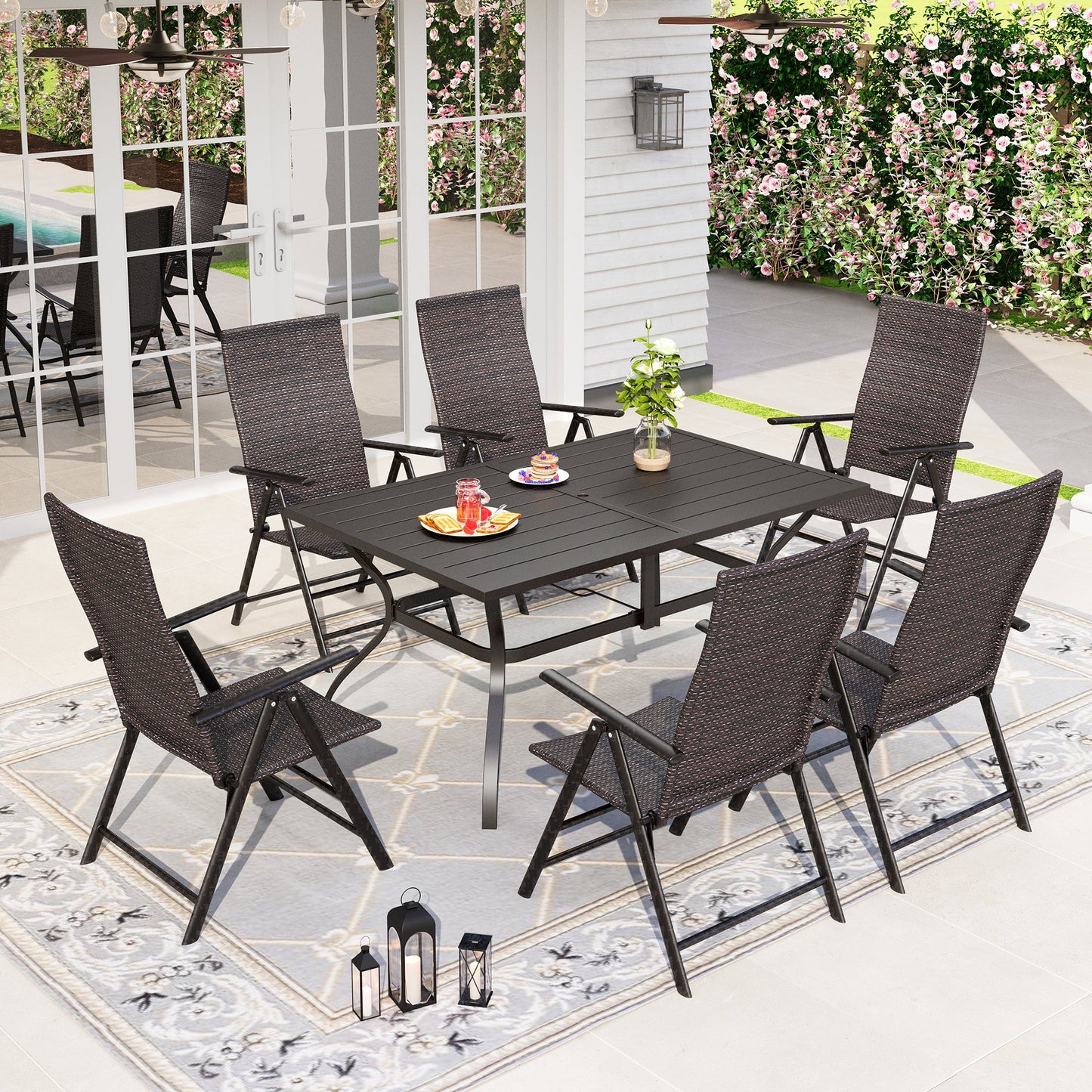 Sophia & William 7 Piece Patio Dining Set Foldable Adjustable PE Rattan Patio Dining Chairs and Rectangle Metal Table