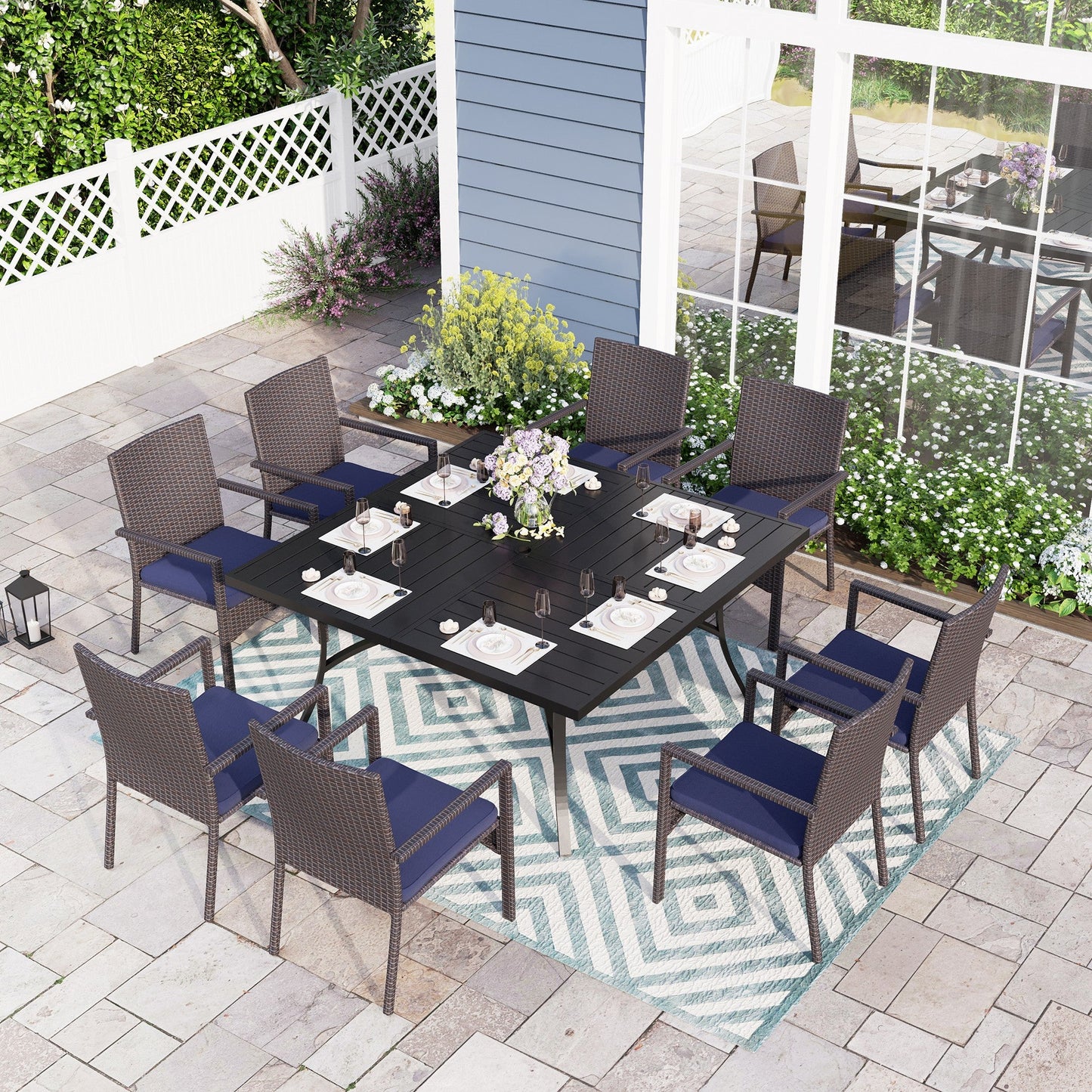 Sophia & William 9 Piece Outdoor Patio Dining Set Wicker Chairs and Metal Table Set