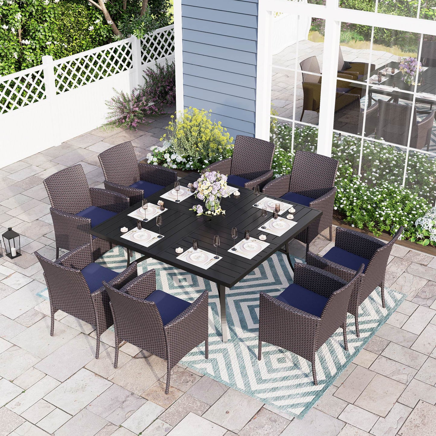 Sophia & William 9 Pieces Outdoor Patio Dining Set Rattan Wicker Chairs and Large Square Metal Table Set