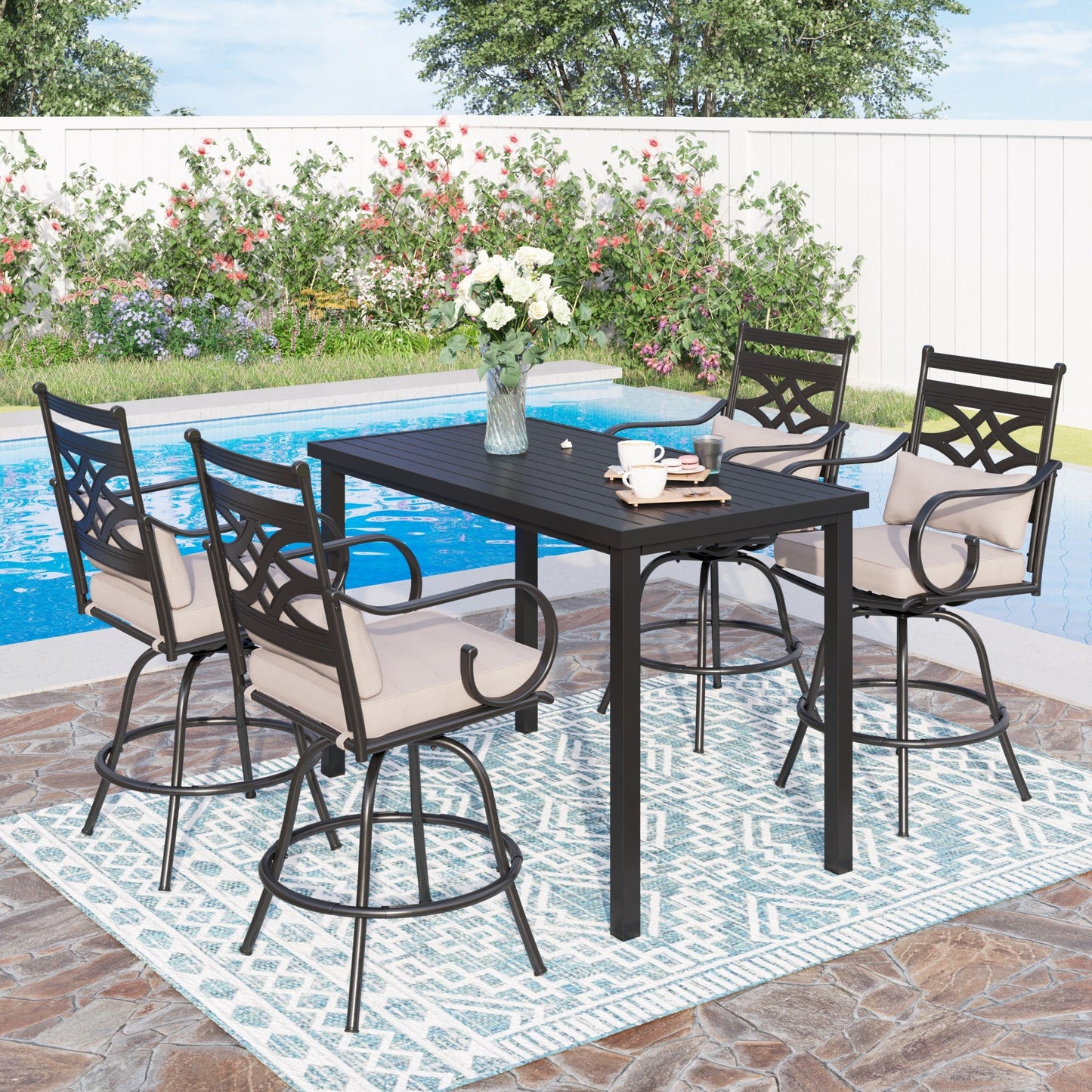 Sophia & William 5 Pcs Patio Outdoor Swivel Bar Stools Set and Height Table Furniture Bistro Set