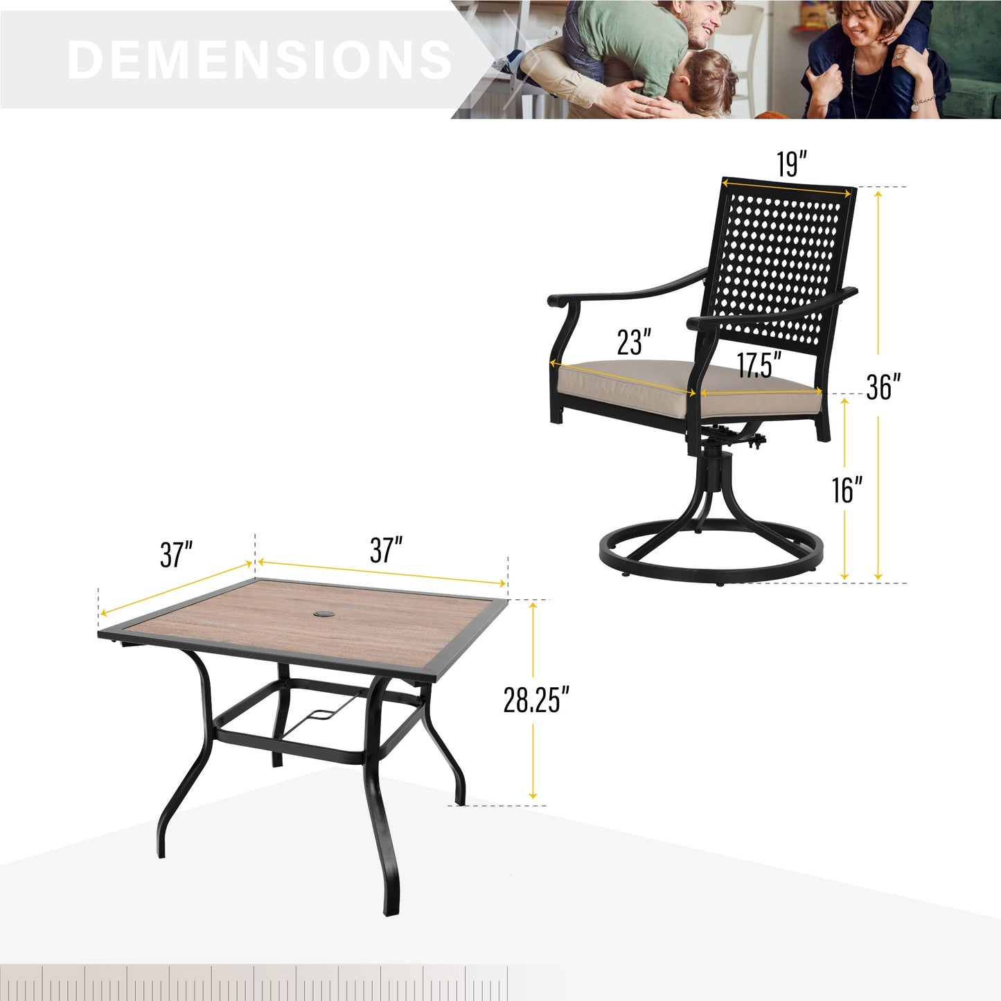 Sophia & William 5 Pcs Outdoor Patio Dining Set 4 Swivel Cushioned Chairs & 37 Square Metal Teak Wood Table