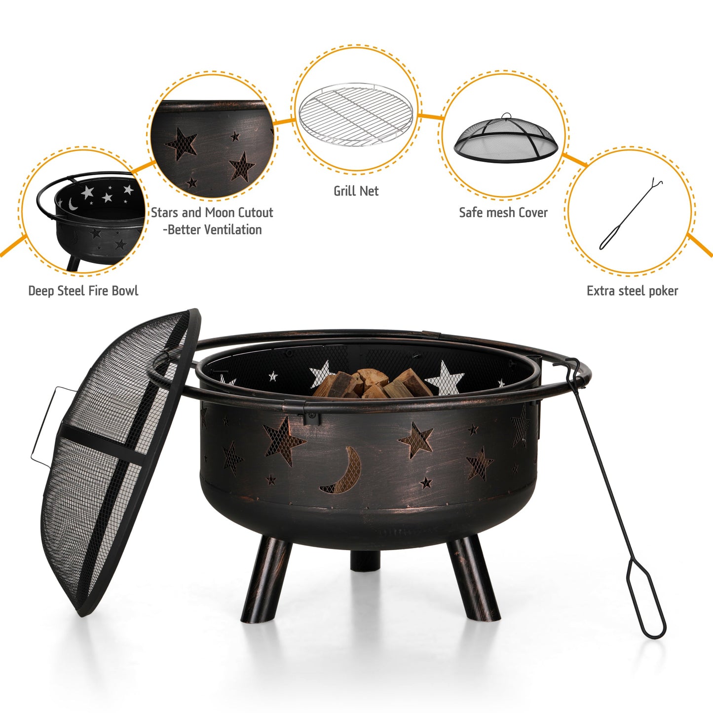 Sophia & William 30 2 in 1 Outdoor Wood Burning Fire Pit Steel Firepit Bowl with Cooking Grate