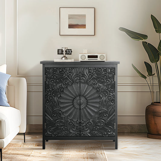 Sophia & William 2-Door Accent Cabinet with Flower Pattern for Dining Room, Living Room,Hallway-Black