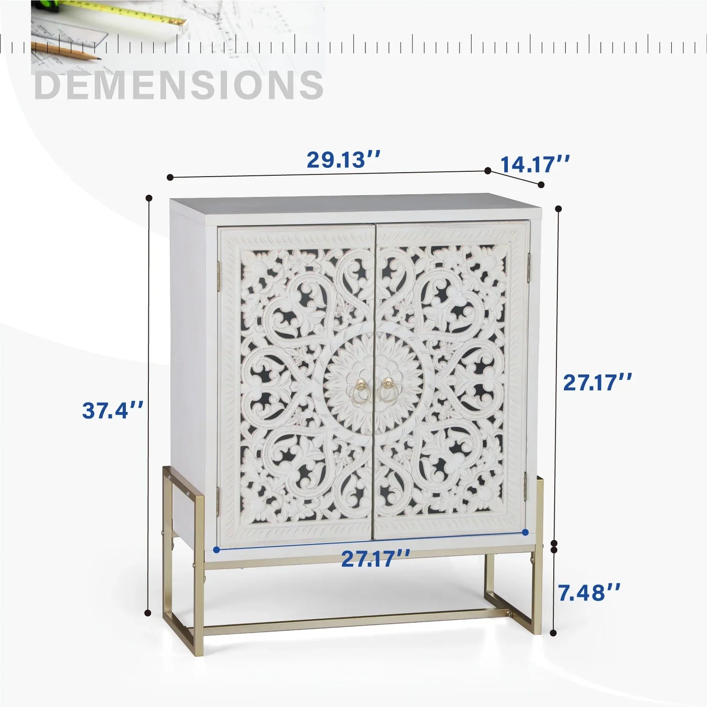 Alpha Joy 2-Door Hollow Carving Accent Cabinet with Metal Feet-White