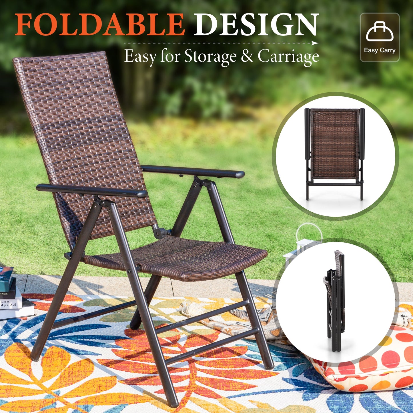 Sophia & William 5 Pieces Outdoor Patio Dining Set Foldable Adjustable PE Rattan Patio Dining Chairs and Metal Dining Table with Umbrella Hole