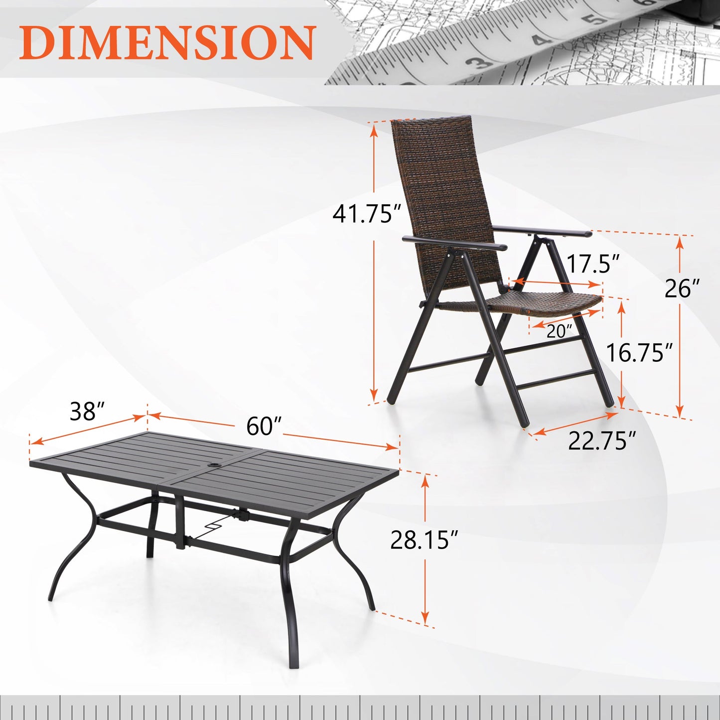 Sophia & William 7 Piece Patio Dining Set Foldable Adjustable PE Rattan Patio Dining Chairs and Rectangle Metal Table