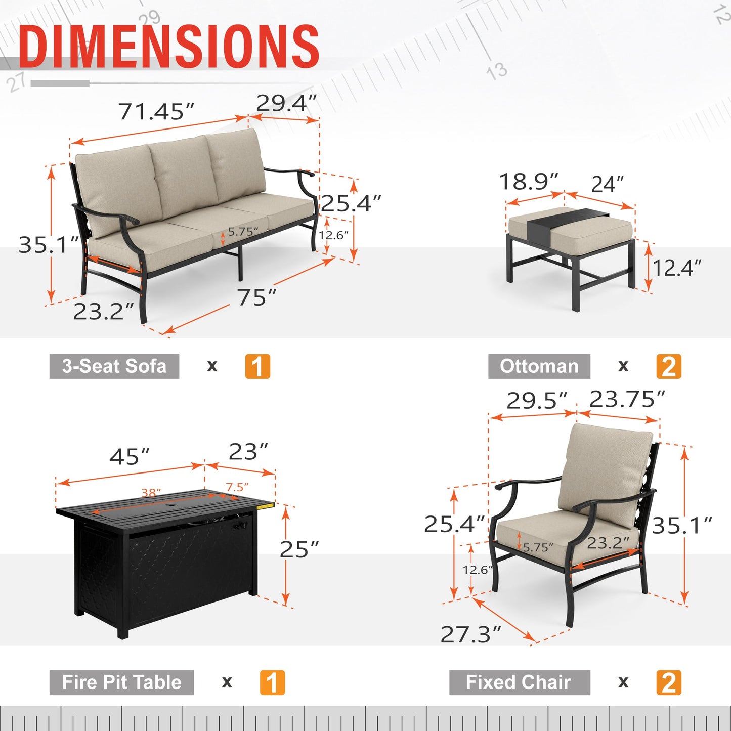 Sophia&William 6 Piece Patio Conversation Set Outdoor Furniture Sofa Set with 50,000BTU Fire Pit Table, Ottomans,Beige