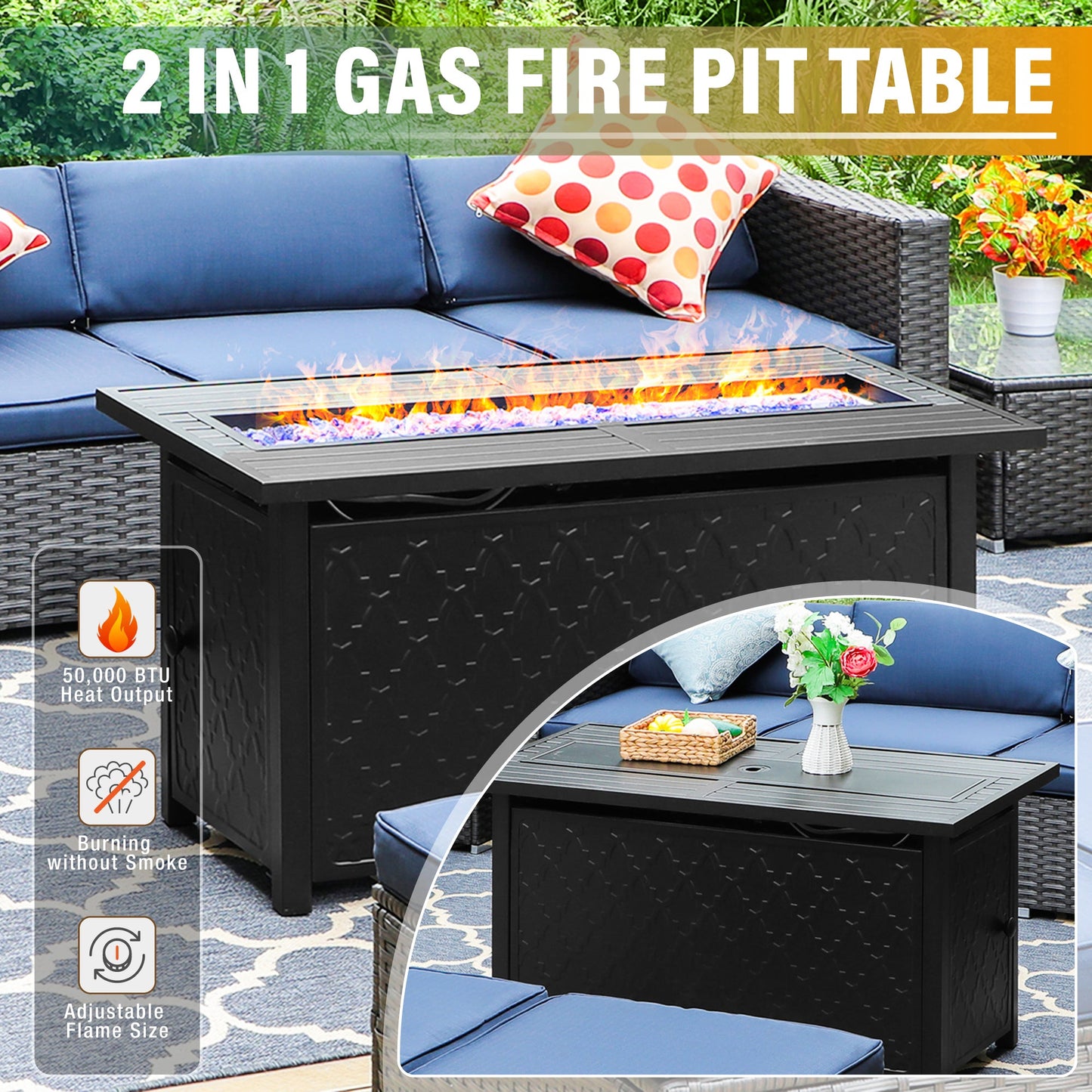 Sophia&William 4 Piece Patio Conversation Set Outdoor Furniture Sofa Set with 50,000BTU Fire Pit Table, Blue