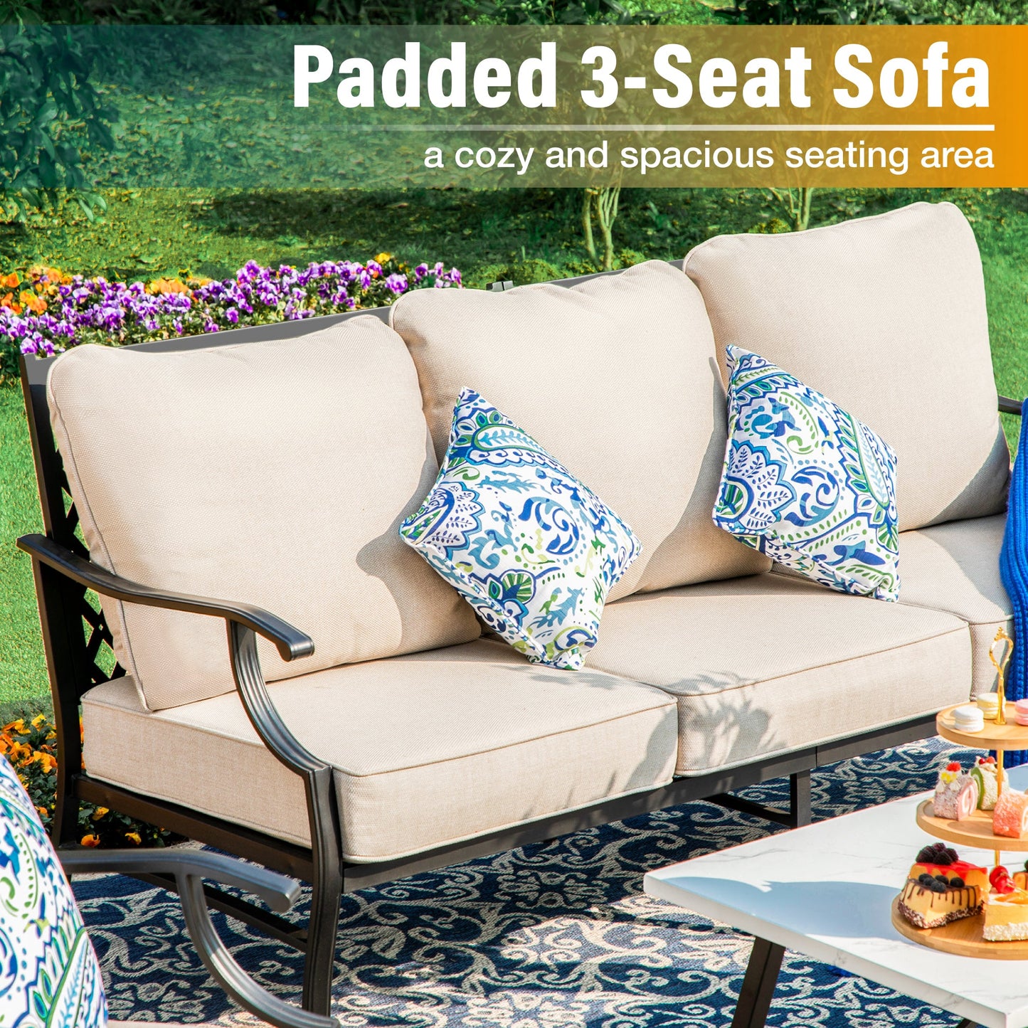 Sophia&William 6 Piece Patio Conversation Set Outdoor Furniture Sofa Set with 50,000BTU Fire Pit Table, Ottomans,Beige