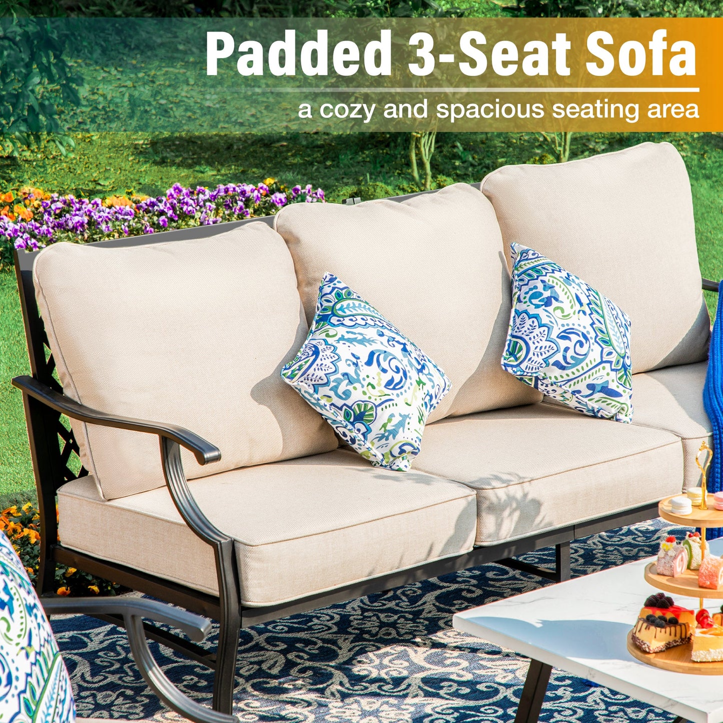 Sophia&William 5 Seat Patio Conversation Set Outdoor Sofa Chairs and Marble Table Furniture Set, Beige