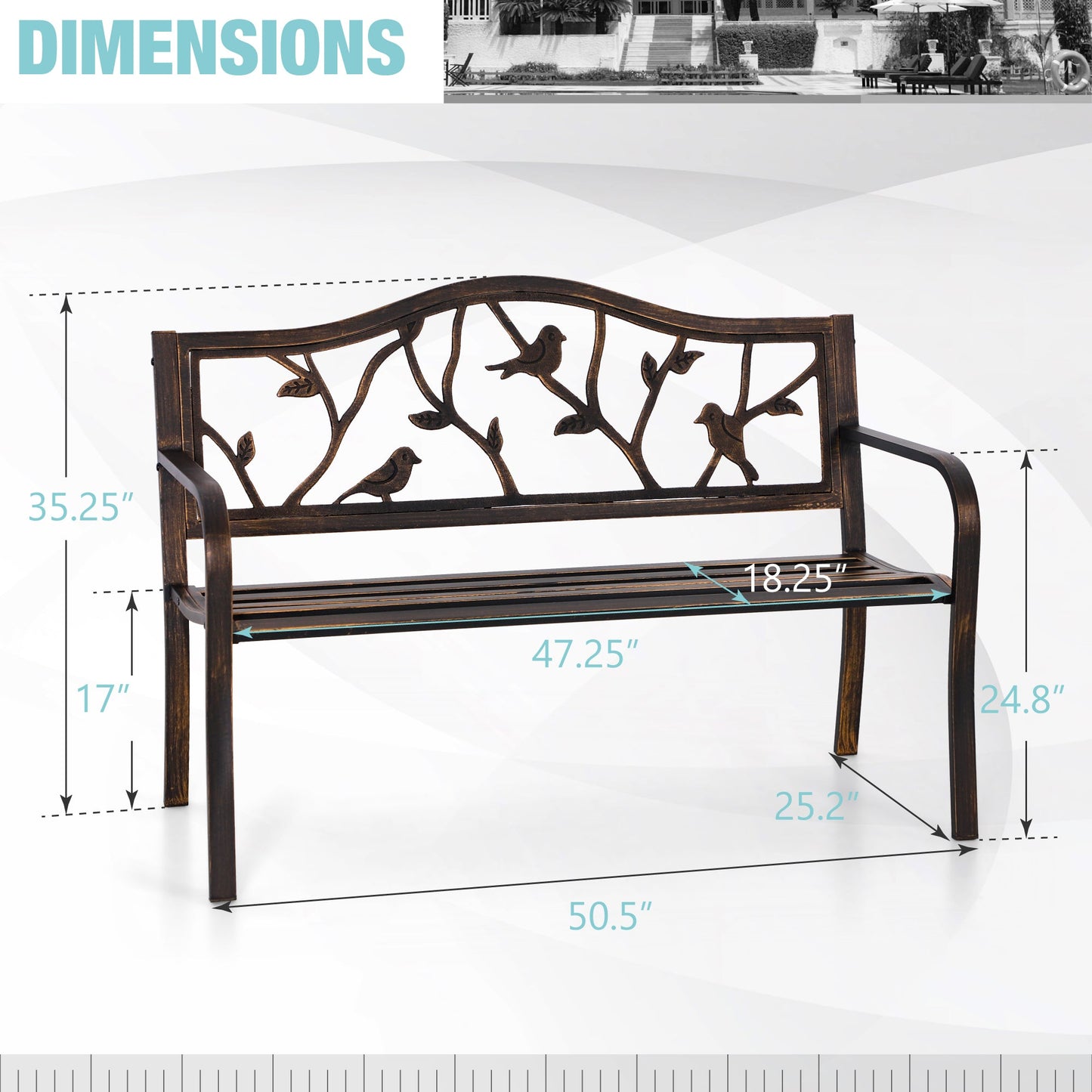 Alpha Joy 50 Patio Garden Bench Slatted Seat for Lawn, Park, Deck- Bronze