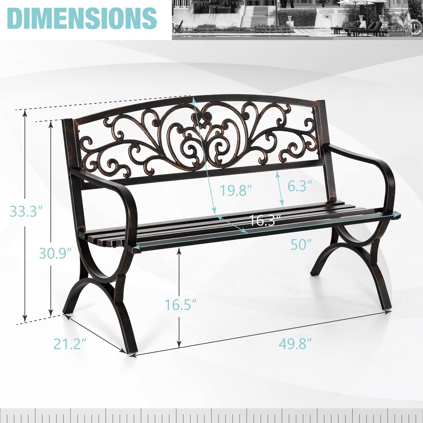 Alpha Joy 50 Patio Garden Bench Slatted Seat for Lawn, Park, Deck- Bronze